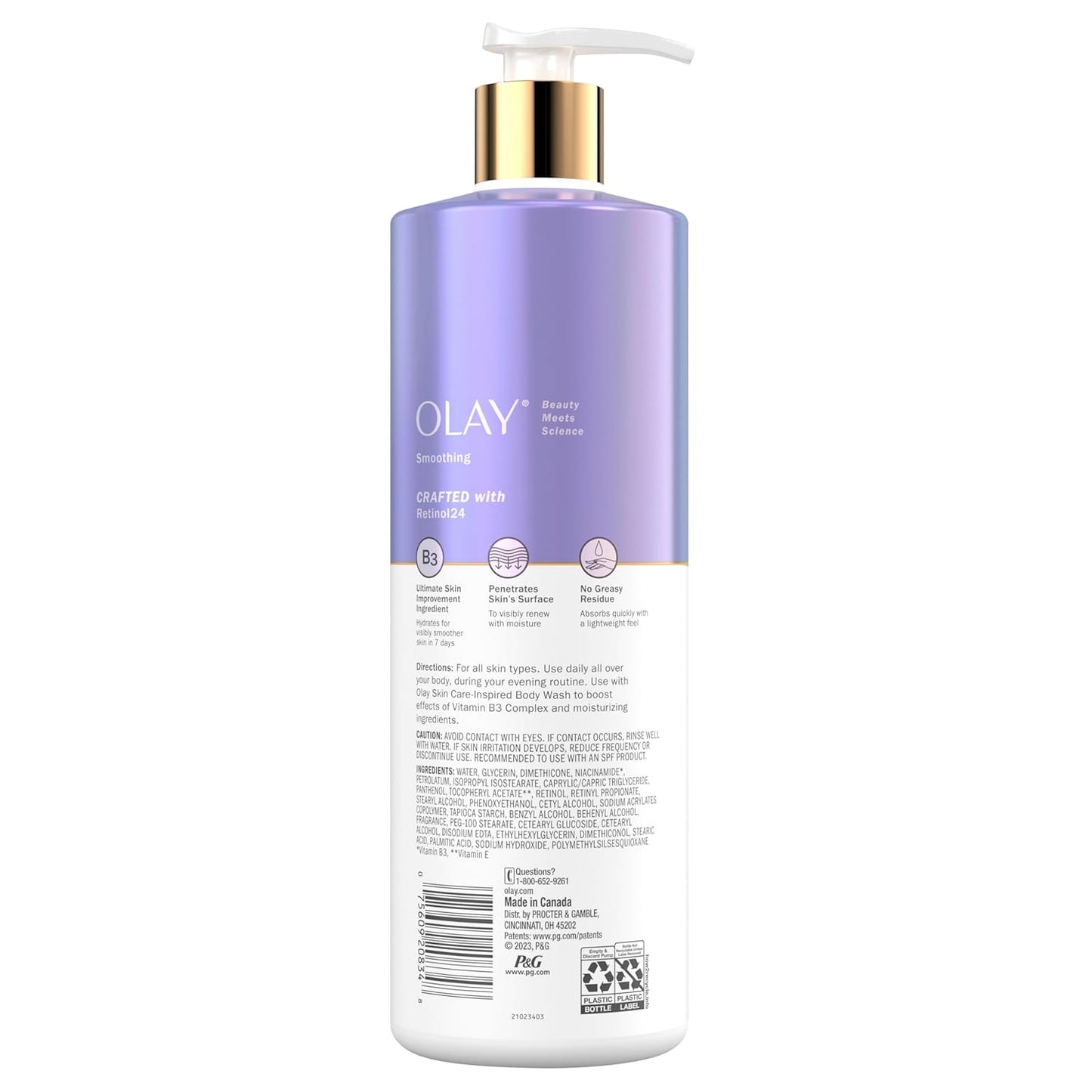 A tall purple and white bottle of OLAY Retinol 24 Smoothing Body Lotion with Vitamin B3 Complex, featuring a pump dispenser and product details on the back label, formulated for smoother, healthier-looking skin.