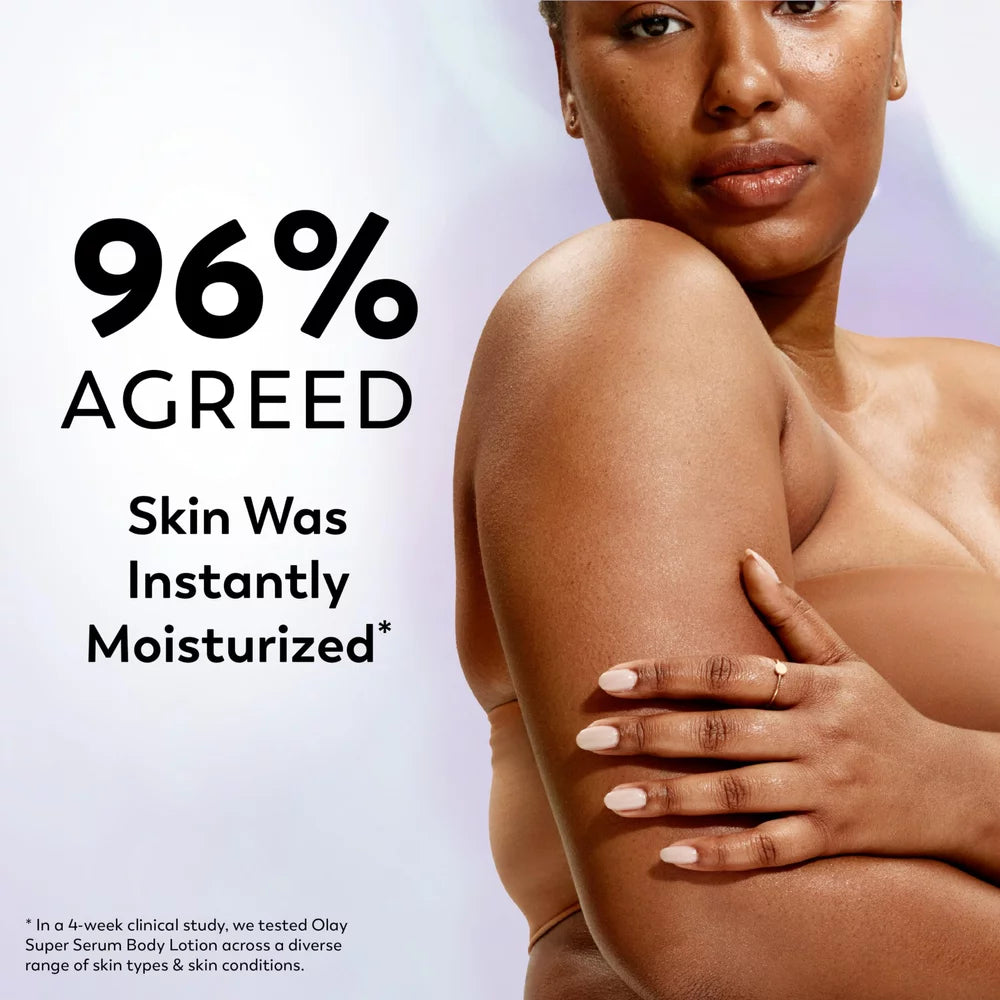 Woman with moisturized skin on a light gray background with text about product effectiveness.