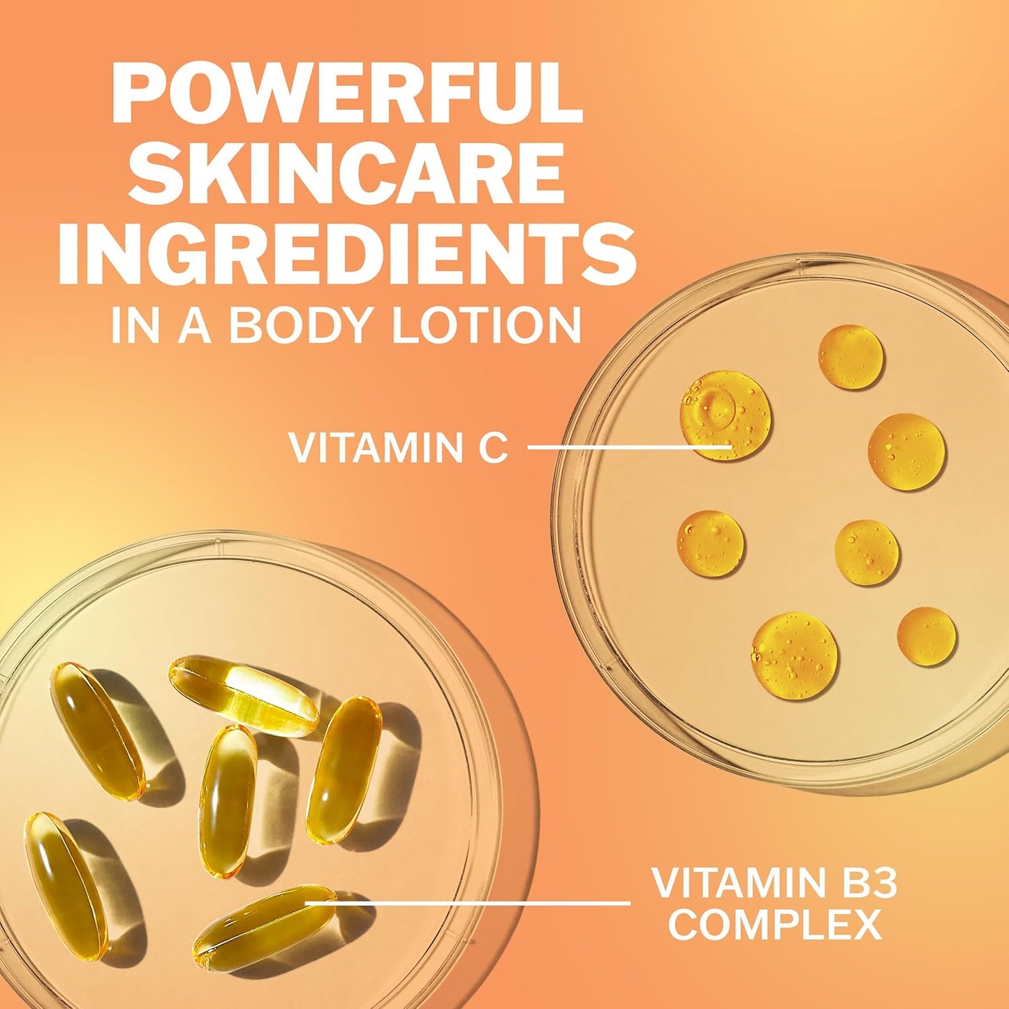 OLAY Vitamin C Brightening Body Lotion with Vitamin B3 Complex: Yellow Vitamin C capsules and Vitamin B3 Complex droplets on orange background highlight this skincare essential’s deep hydration benefits.