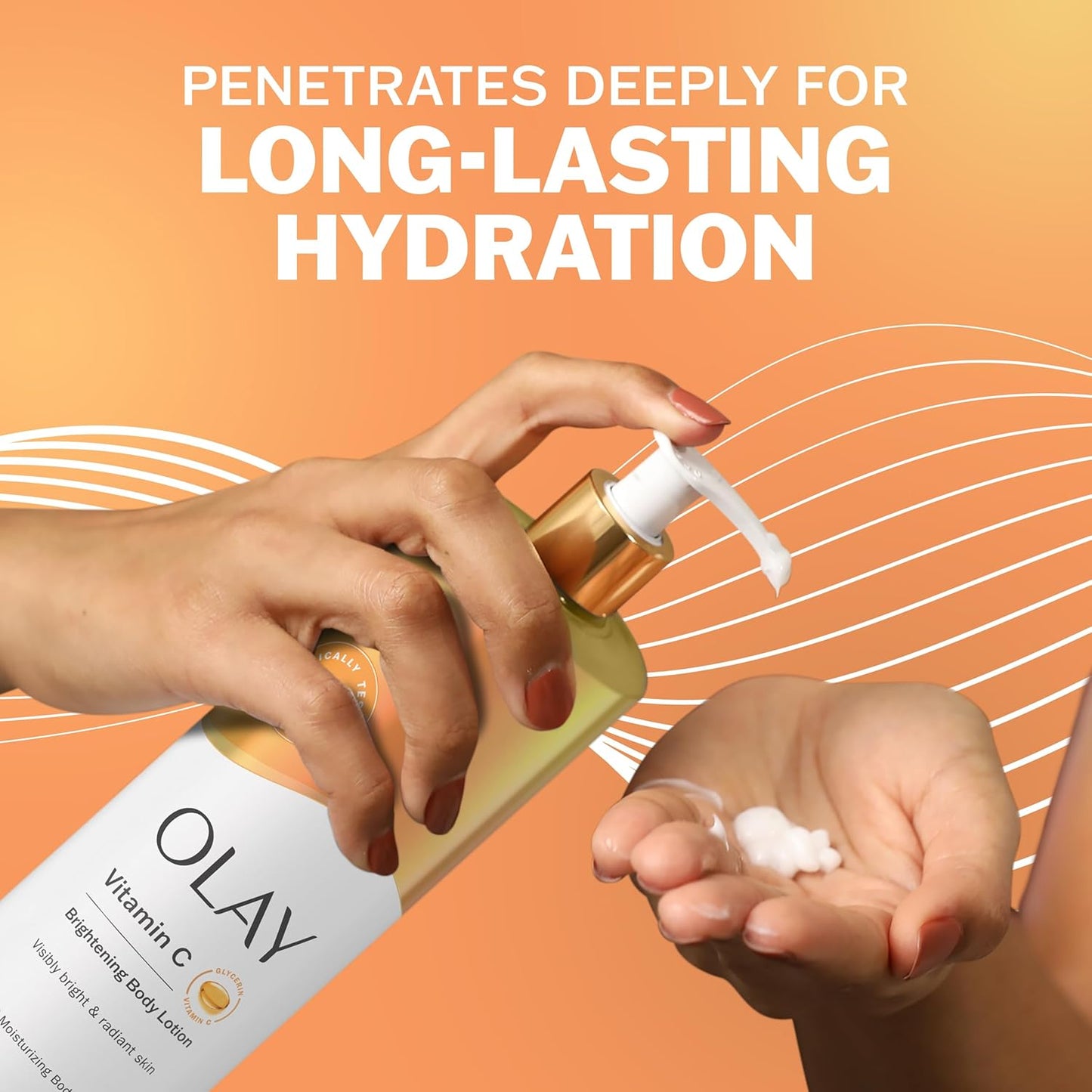 A hand pumps OLAY Vitamin C Brightening Body Lotion with Vitamin B3 Complex into another hand against an orange background, with the text “Penetrates Deeply for Long-Lasting Hydration,” showcasing this lotion as a hydration essential.