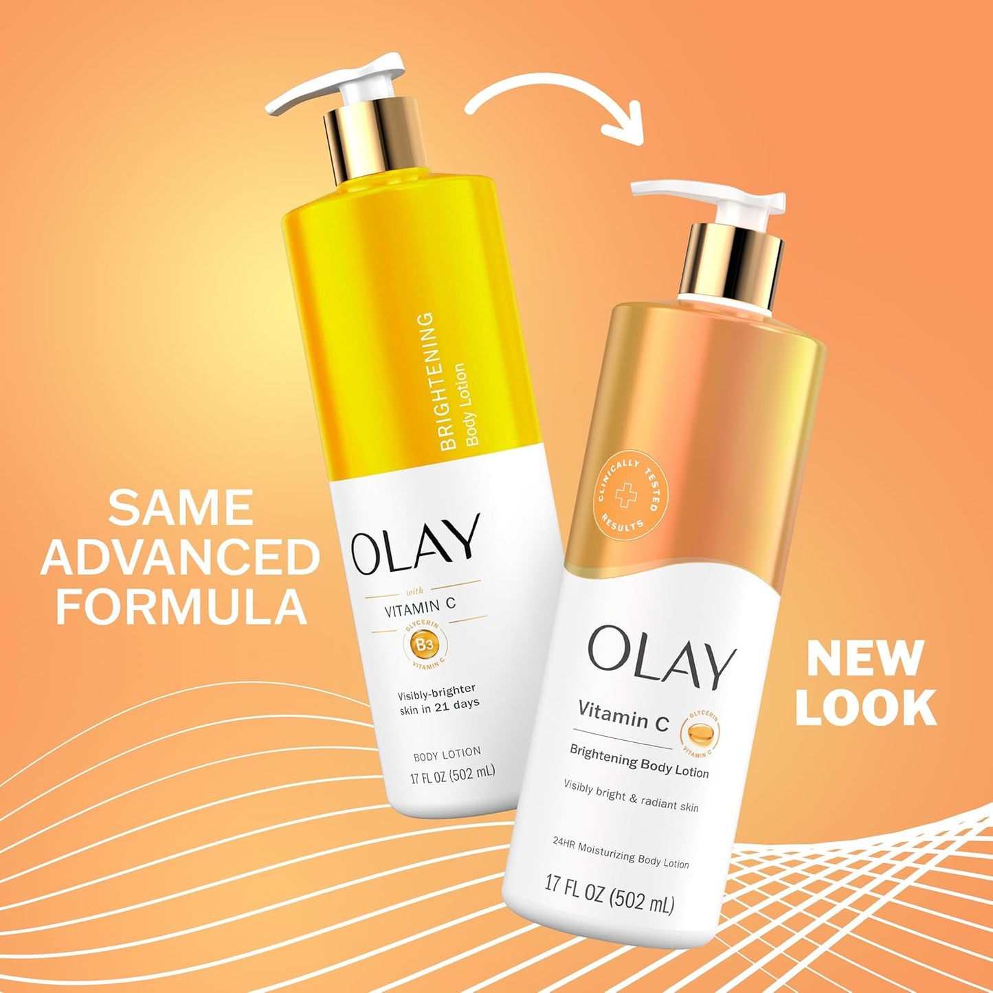 Two bottles of OLAY Vitamin C Brightening Body Lotion with Vitamin B3 Complex are displayed against an orange background—one in the old design, one in the new. Both offer the same advanced formula and deep hydration for your skincare essentials.