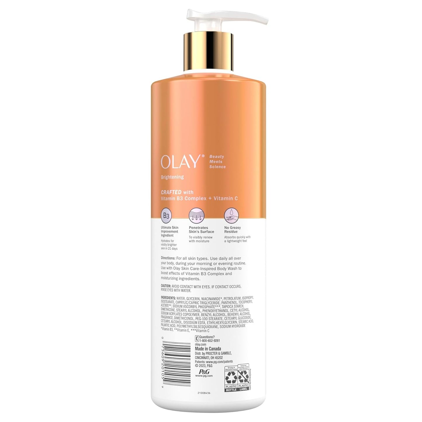 Back of an OLAY Vitamin C Brightening Body Lotion bottle with a peach and white label, gold pump, and text listing ingredients and usage. The label highlights Vitamin C and B3 Complex as skincare essentials.