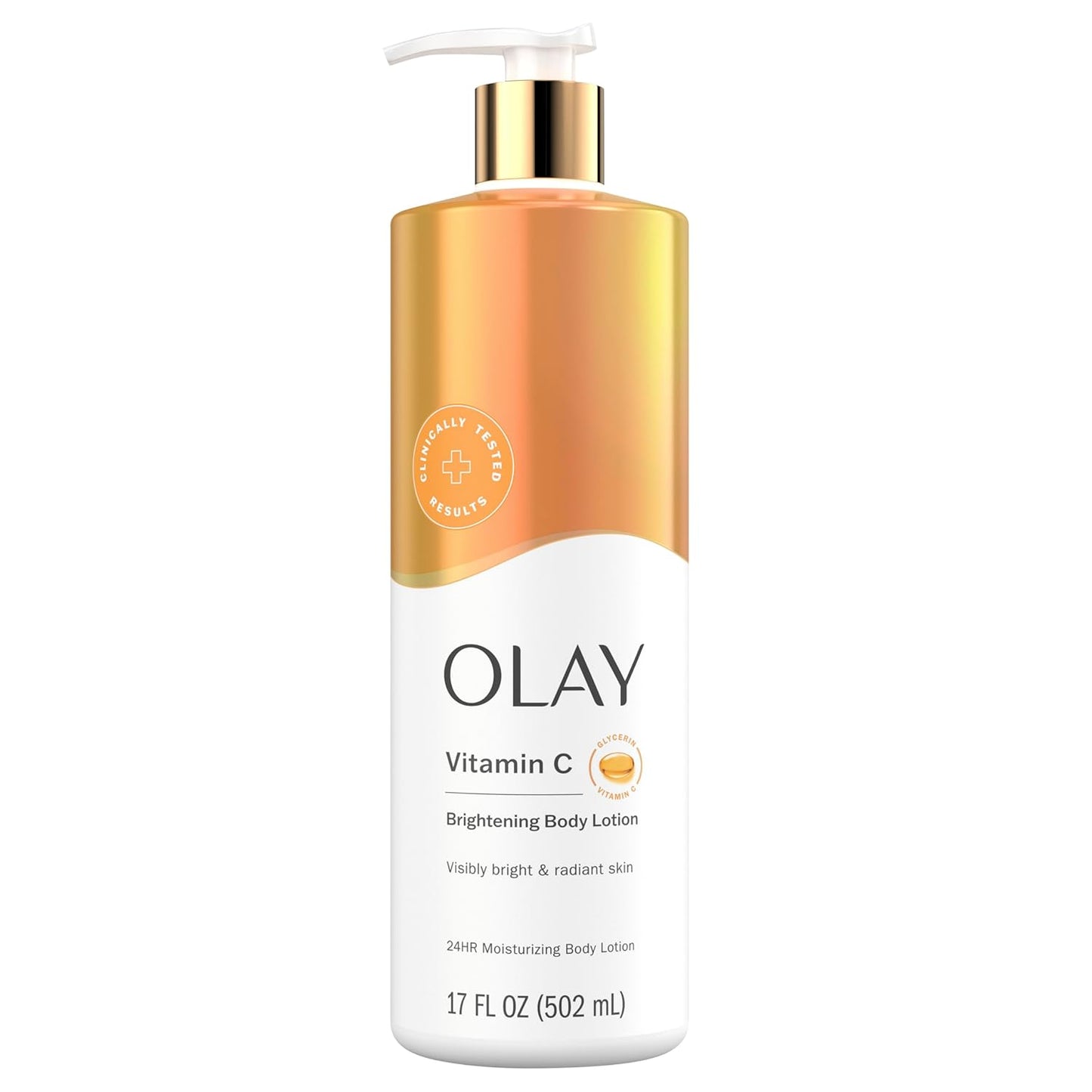 OLAY Vitamin C Brightening Body Lotion with Vitamin B3 Complex, 17 fl oz, in white and gold packaging with pump dispenser, delivers deep hydration and 24-hour moisture for visibly radiant skin—your skincare essential.