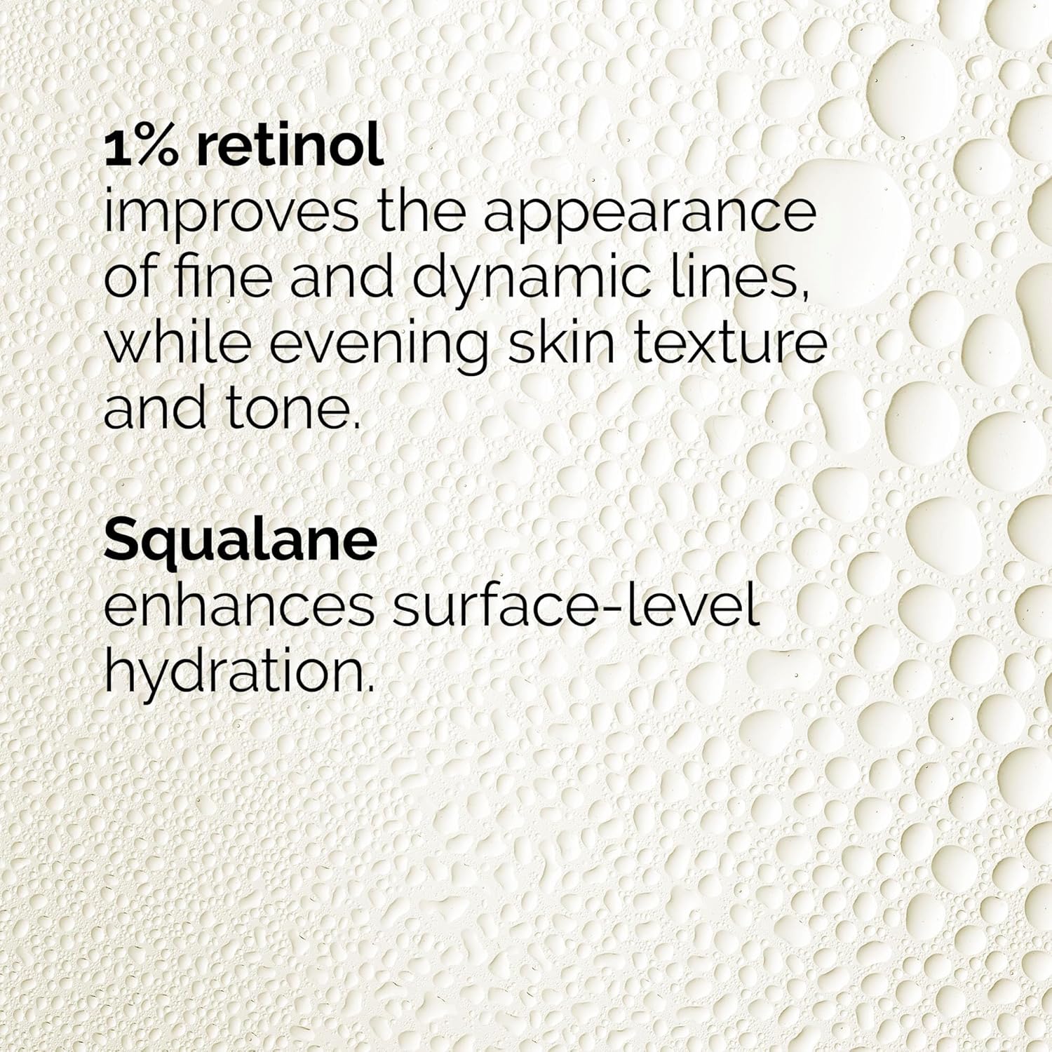 Text on a textured background reads: The Ordinary Retinol 1% In Squalane 30ml helps improve fine and dynamic lines, balances skin texture and tone, and squalane boosts surface hydration.