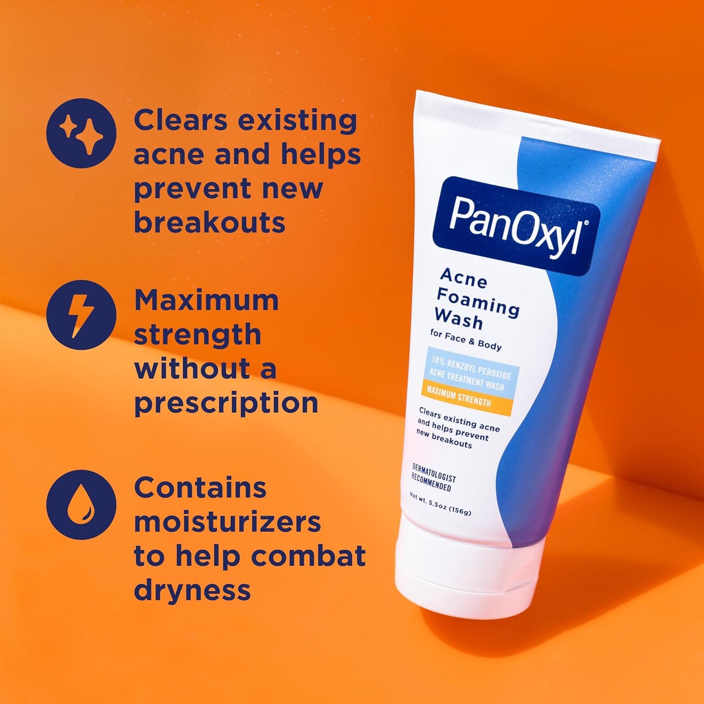 PanOxyl Acne Foaming Wash tube on an orange background with product benefits text.