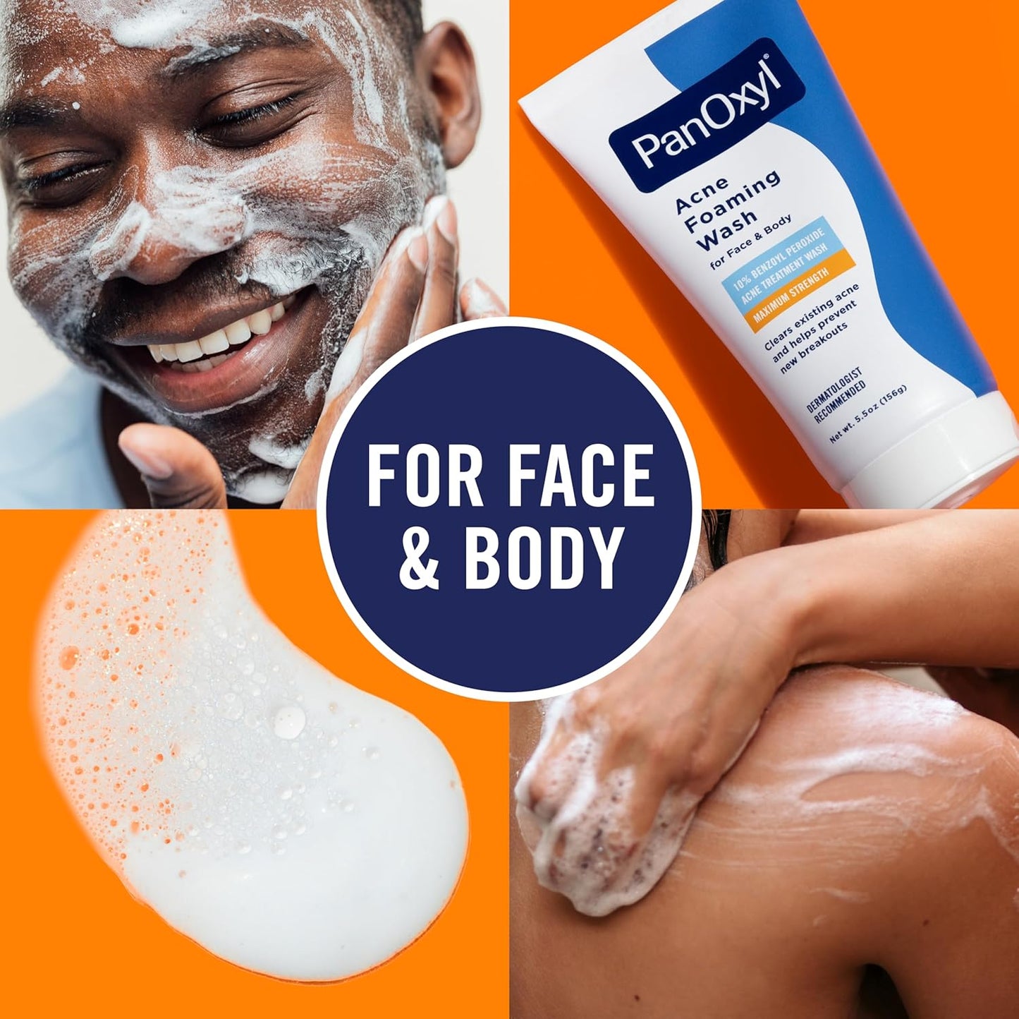 PanOxyl acne foaming wash with a man applying it to his face and another person applying it to their shoulder, on an orange background.