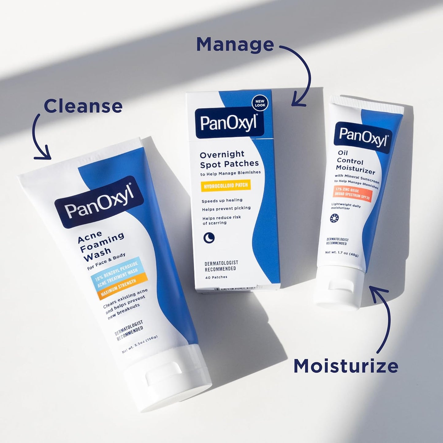 PanOxyl skincare products including Acne Foaming Wash, Overnight Spot Patches, and Oil Control Moisturizer on a white background.