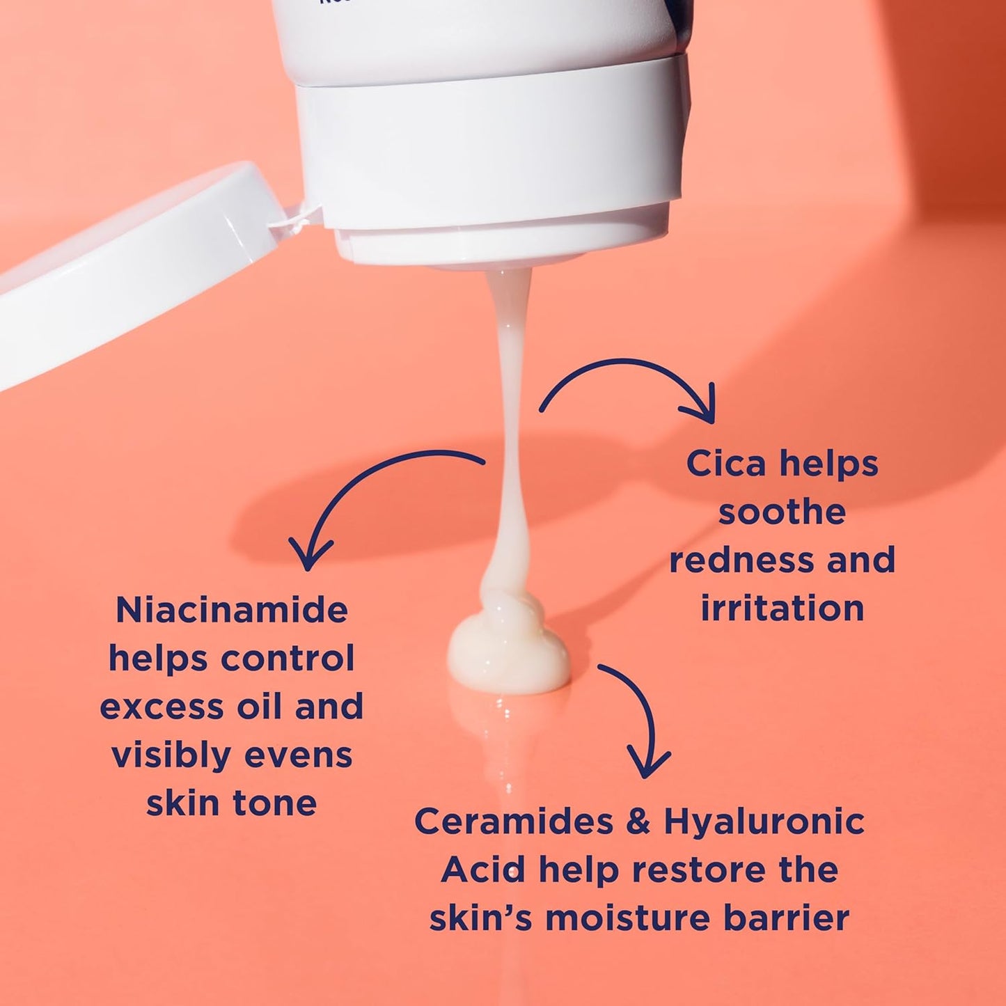 Skin care product being dispensed with text on benefits on a peach background