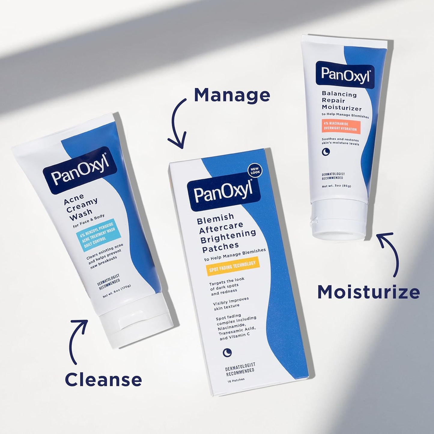 PanOxyl skincare products with labels for cleanse, manage, moisturize on a white background