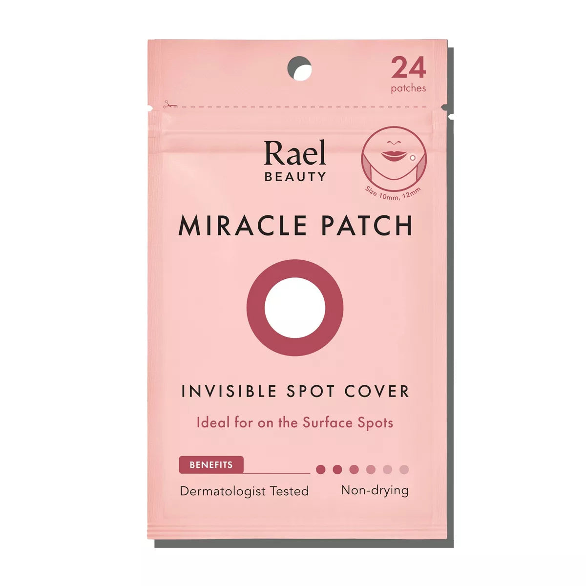 Rael Beauty Miracle Patch, a dermatologist-tested, non-drying acne treatment for all skin types, includes 24 invisible spot covers in 10mm and 12mm sizes to aid in surface spot recovery; comes in a pink package.