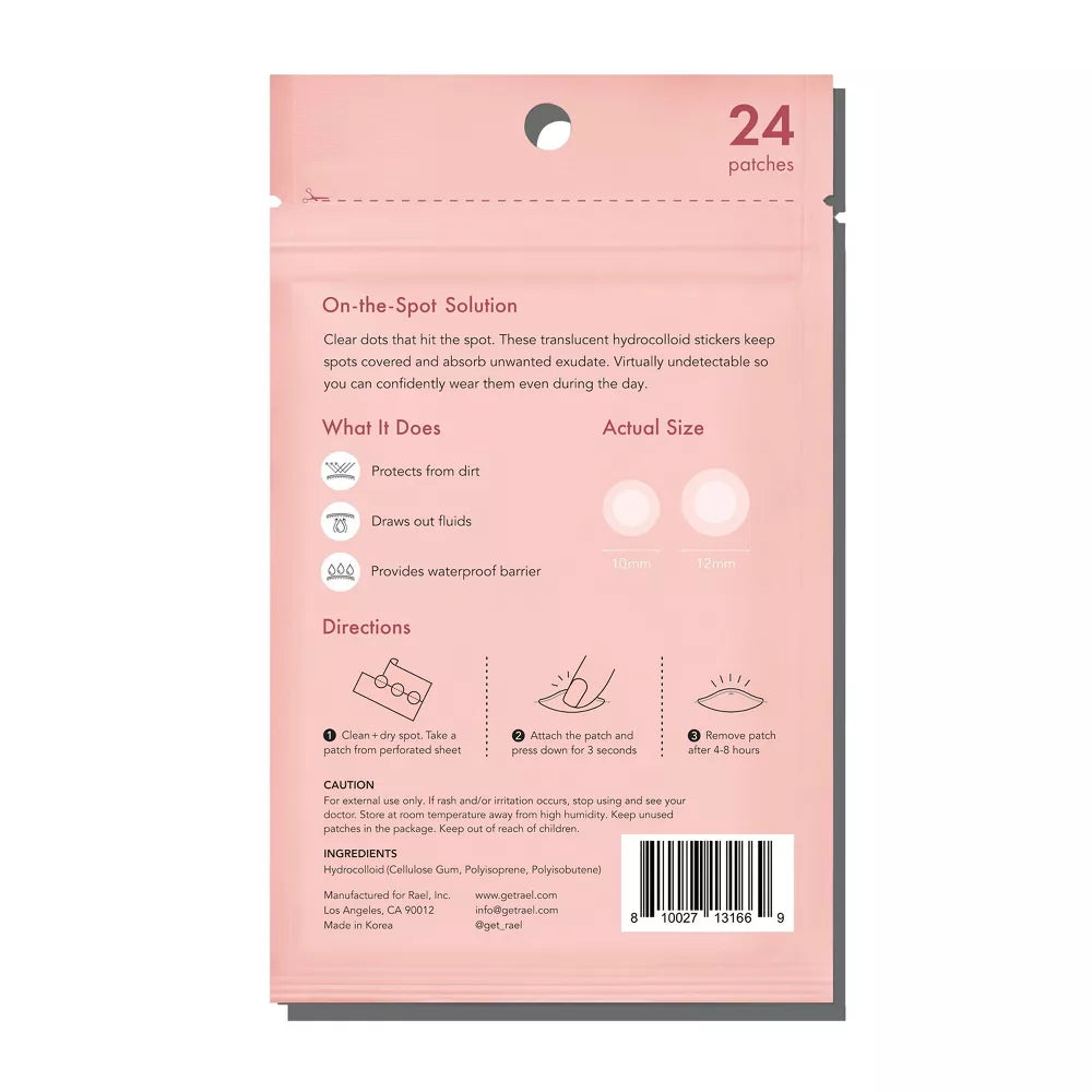 The image shows the back of a pink Rael Beauty package labeled 24 Count, featuring transparent hydrocolloid pimple patches. These Miracle Patch Invisible Acne Pimple Treatments protect from dirt, draw out fluids, and are waterproof. Directions and ingredients are listed at the bottom.