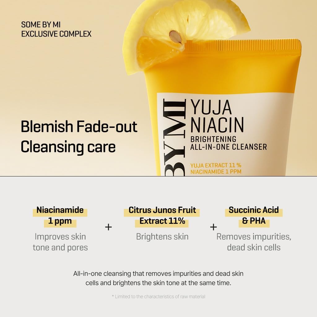 BYMI Yuja Niacin cleansing cleanser with lemon slice on beige background