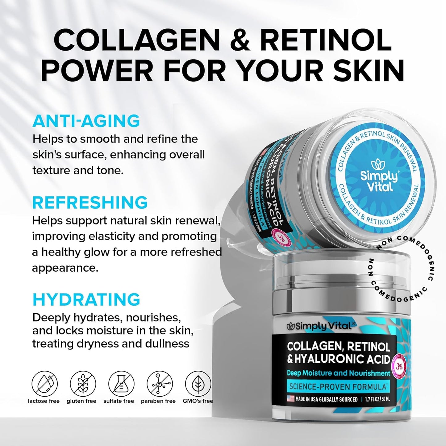 A promotional graphic showcasing the benefits of Simply Vital Collagen & Retinol Cream. Key advantages include anti-aging, hydration, and skin renewal. The product is labeled as non-comedogenic, free from lactose, gluten, sulfates, and parabens, and formulated for deep moisture and nourishment.