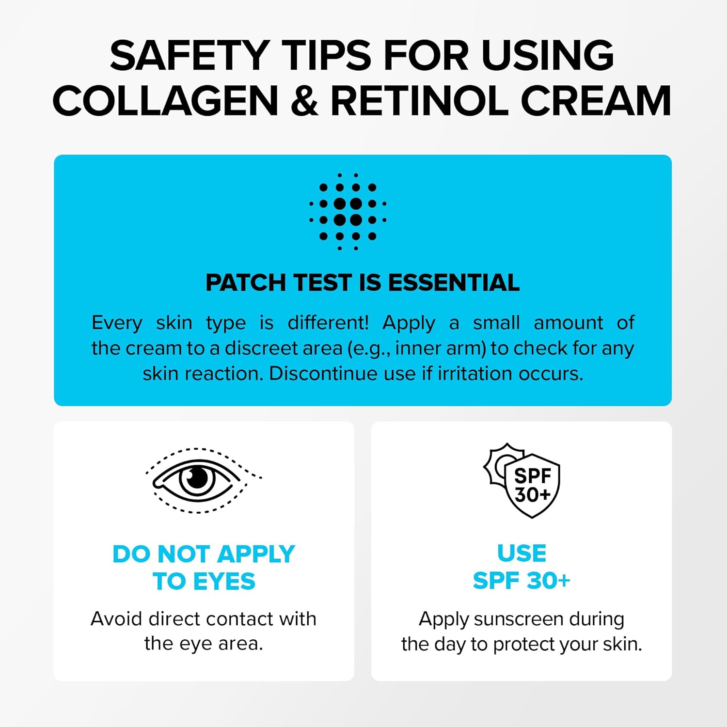 A guide providing safety tips for using the Simply Vital Collagen & Retinol Cream. It emphasizes performing a patch test before use, avoiding contact with the eyes, and applying SPF 30+ sunscreen during the day for skin protection.
