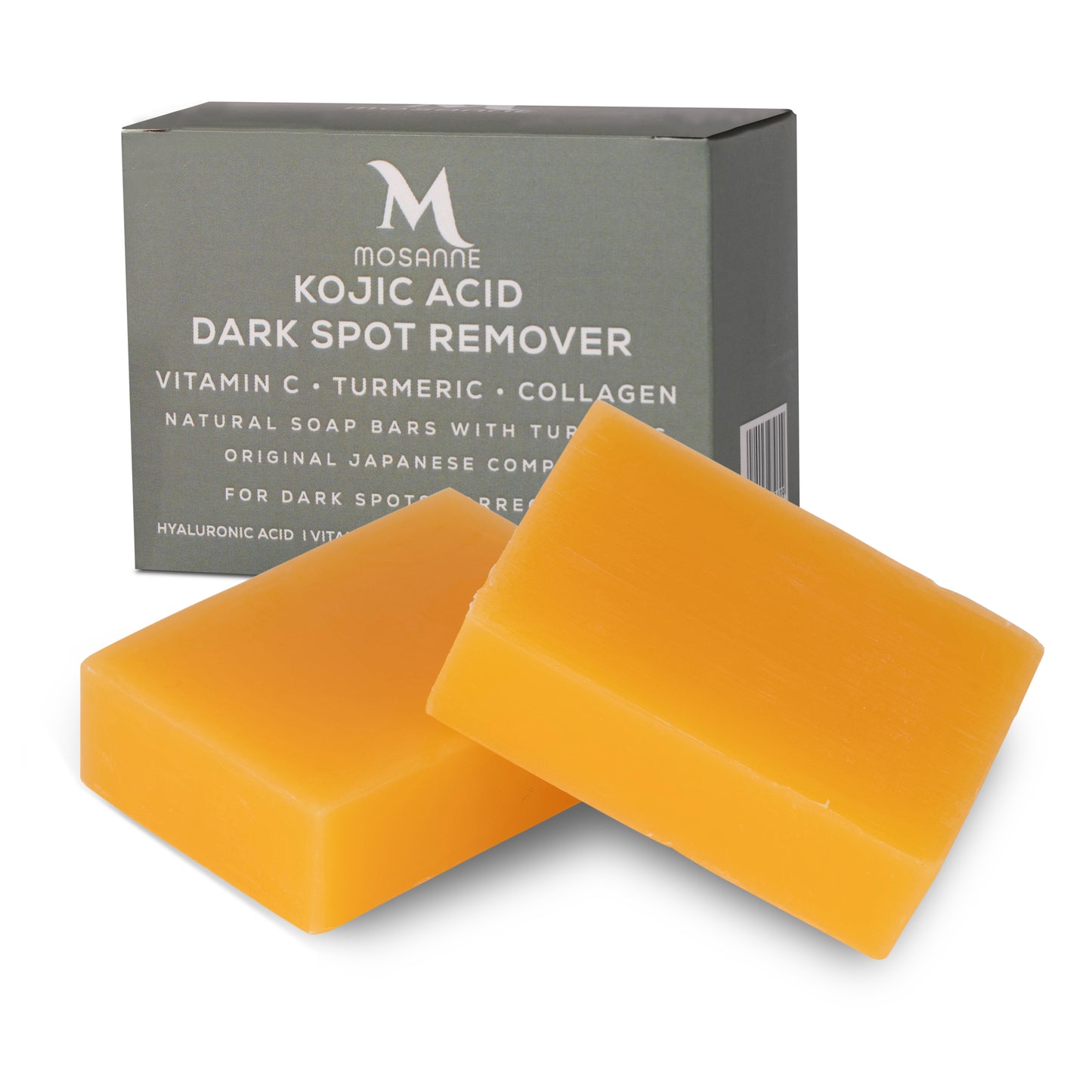 Two orange bars of MOSANNE Kojic Acid Dark Spot Remover Soap - 2 pack are elegantly placed before a green box. The packaging highlights ingredients like Vitamin C, Turmeric, and Collagen for effective skin brightening, emphasizing its original Japanese formulation.