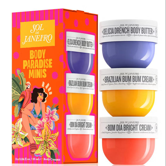 Set of Sol de Janeiro body cream containers with packaging on a white background