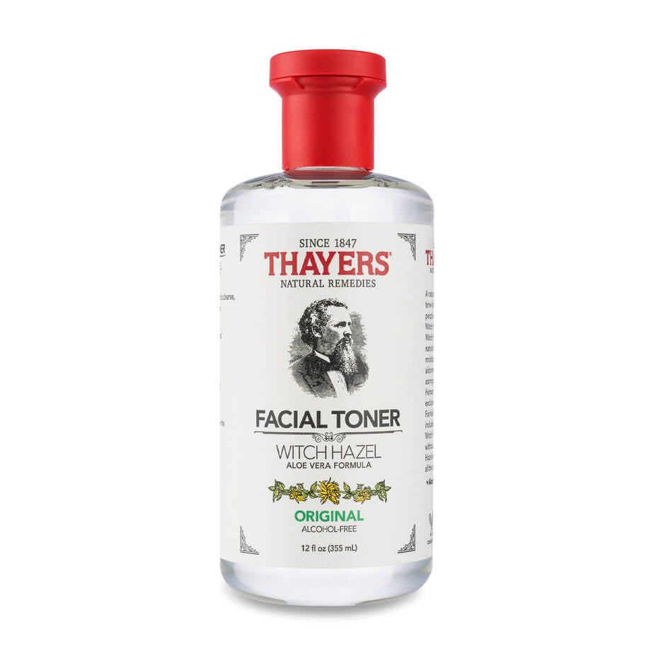 A 12 fl oz (355 mL) bottle of THAYERS Facial Toner - Witch Hazel Aloe Vera Formula - Original, featuring an illustration of a man on the label and highlighting its alcohol-free witch hazel and aloe vera formula.