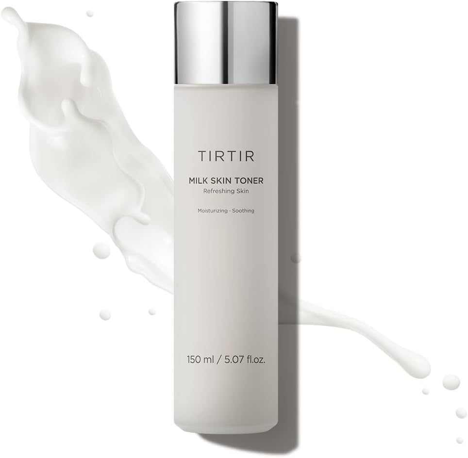The TIRTIR Milk Skin Toner - 150ml features a hydrating formula labeled Moisturizing, Soothing, Refreshing Skin and comes with a silver cap. Its white liquid texture is ideal for all skin types.