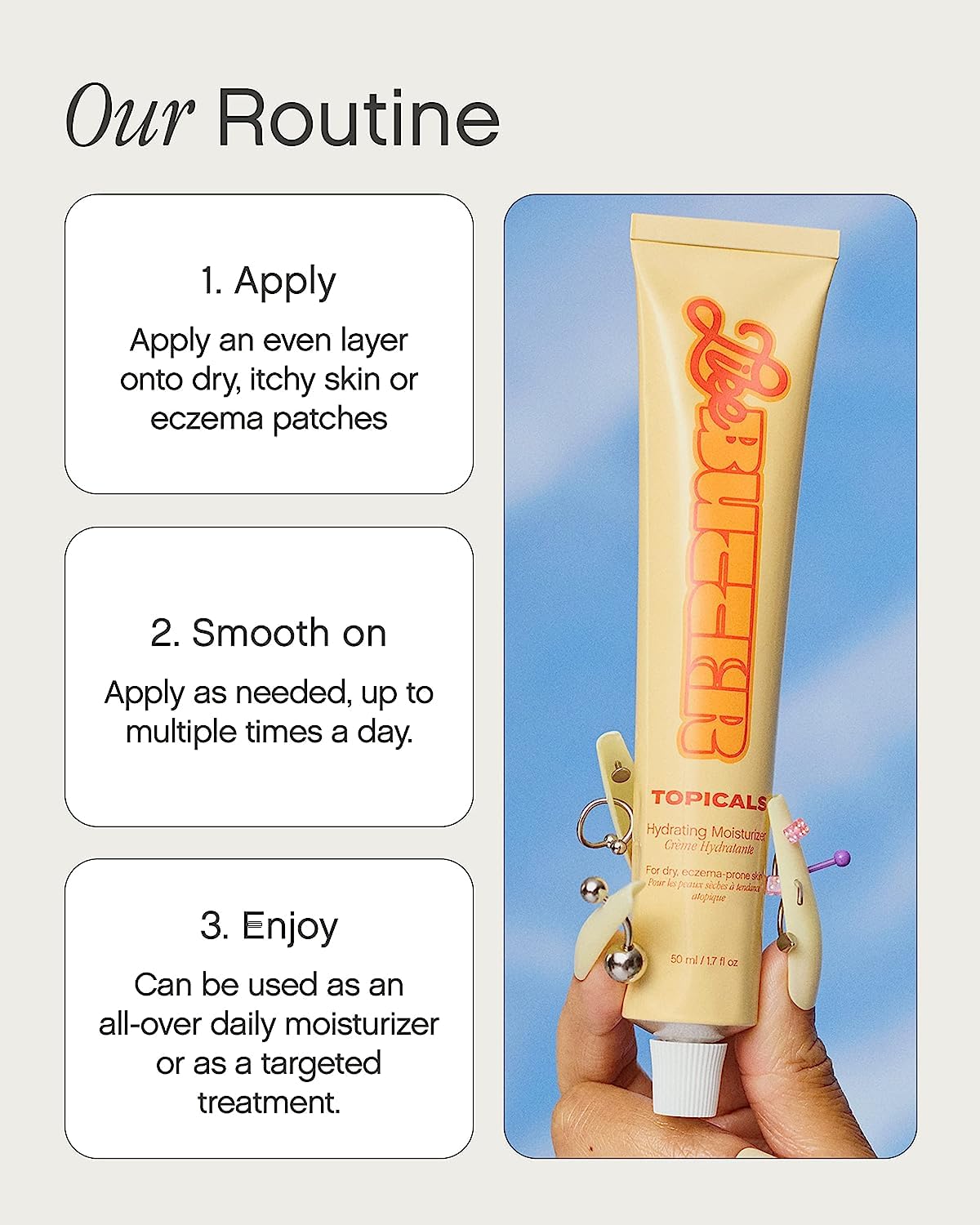 An instructional guide titled 'Our Routine' displaying three steps for applying Topicals Like Butter Hydrating Moisturizer: 1) Apply an even layer to dry or eczema-prone skin, 2) Smooth on as needed, 3) Enjoy as a daily moisturizer or targeted treatment. A hand with decorative nail art holds the tube against a blue background.