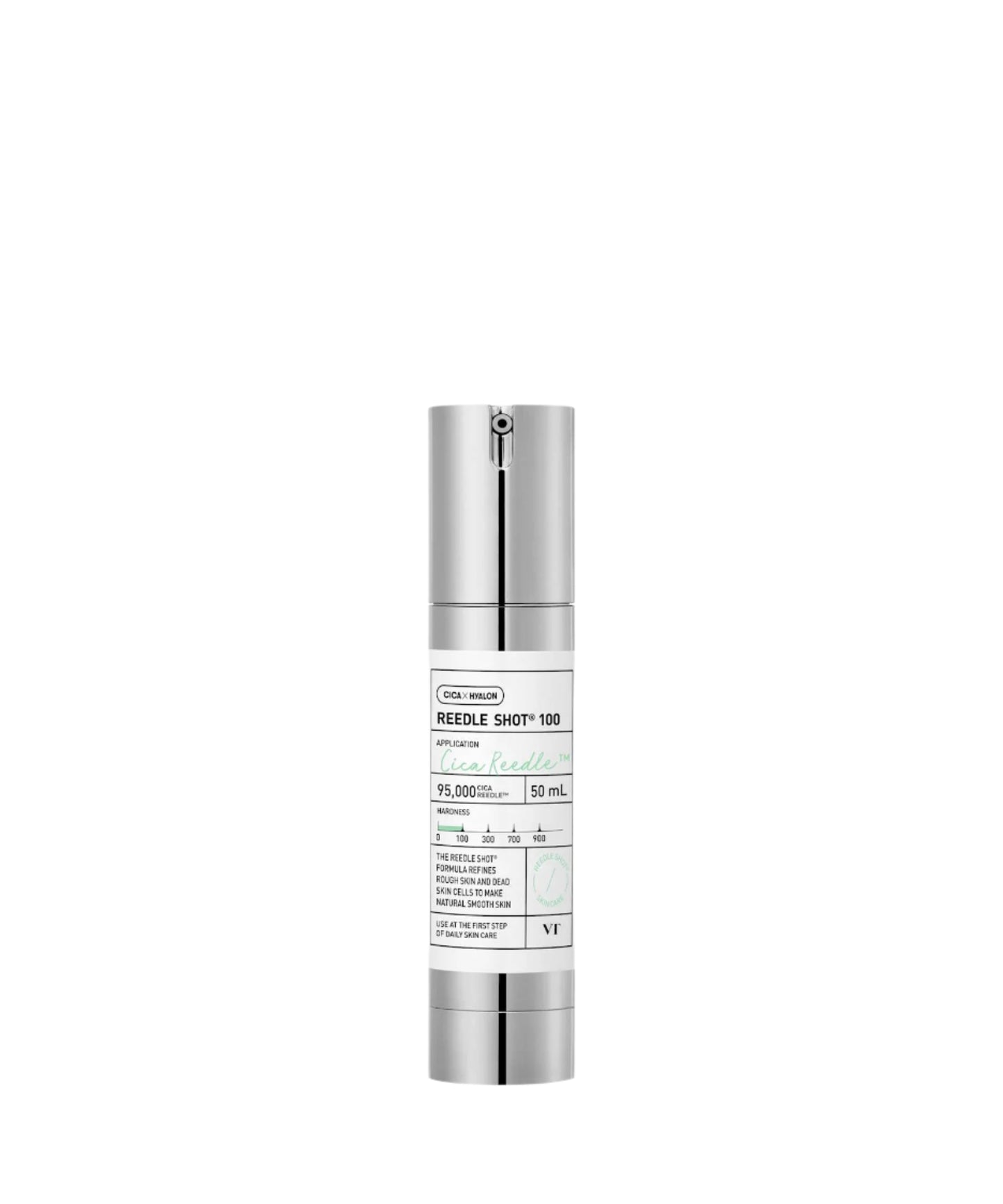 The sleek silver cylindrical bottle of VTs Reedle Shot 100 Anti Aging Face Serum, featuring green and black text, includes a modern pump dispenser. It boasts CICA for enhanced hydration against a clean white background.