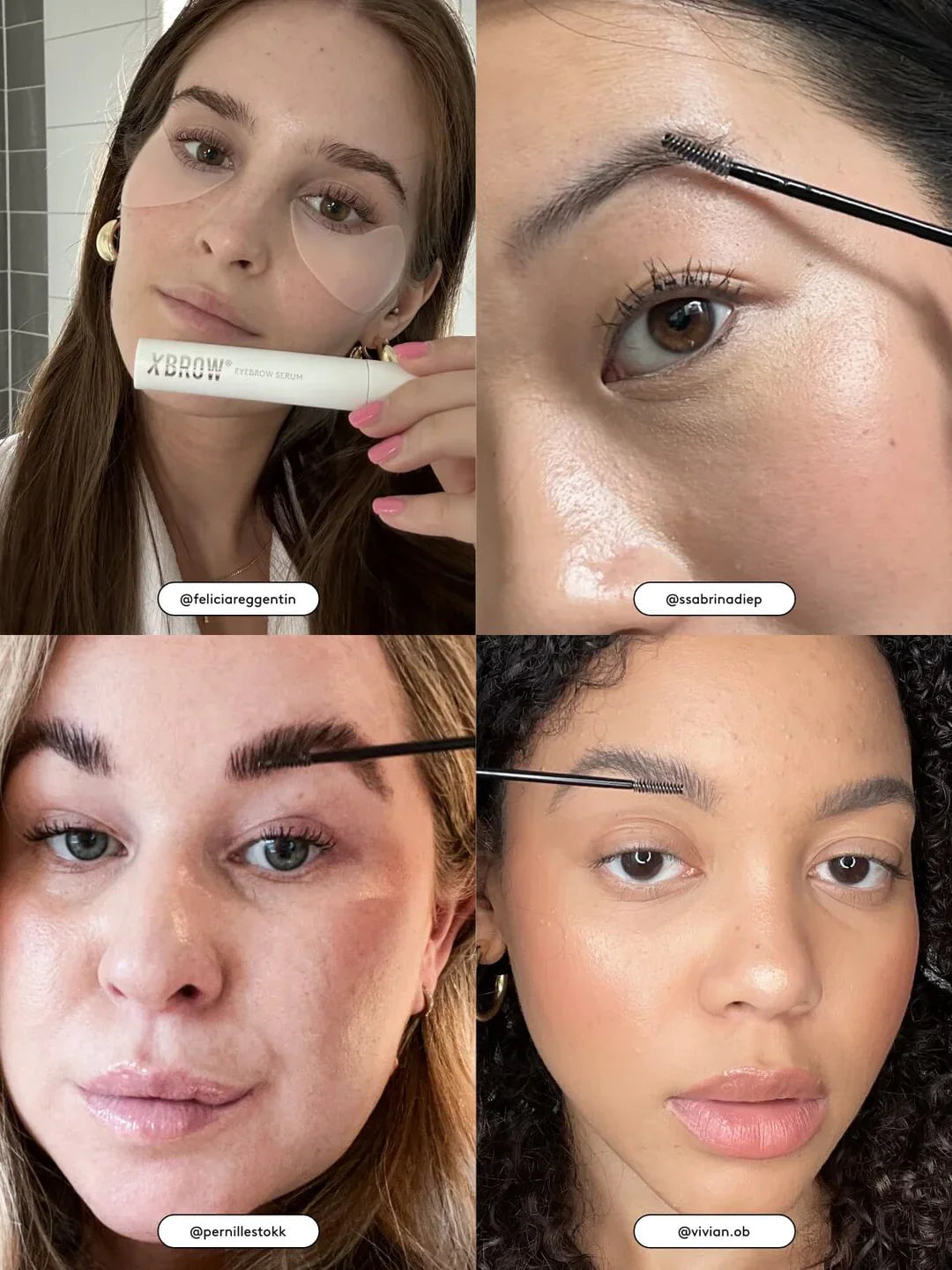Collage of a woman applying eyebrow makeup with a brush and product.