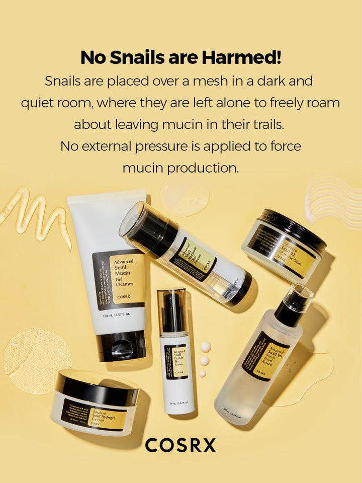 A display of COSRX skincare against a light beige background features the COSRX Advanced Snail 92 All in One Cream 100g, with creams enriched with humane snail mucin. Anti-aging treatments and snail graphics emphasize moisturization.