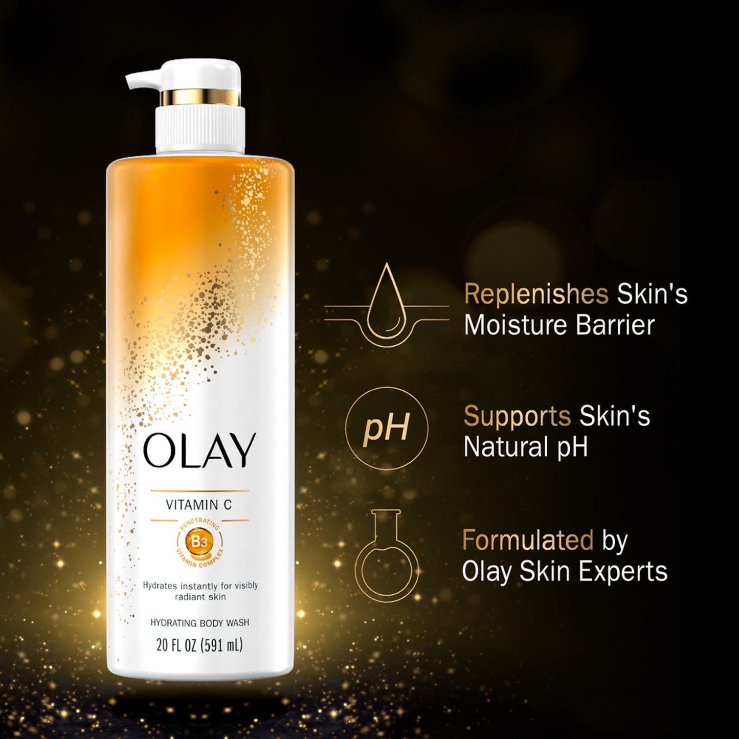 An OLAY Cleansing & Nourishing Body Wash with Vitamin B3 and C is shown on the left. Text on the right highlights: Replenishes skins moisture barrier, supports skins natural pH, formulated by Olay experts. Bottle size: 20 fl oz (591 mL). Orange and gold bubbles appear in the background.