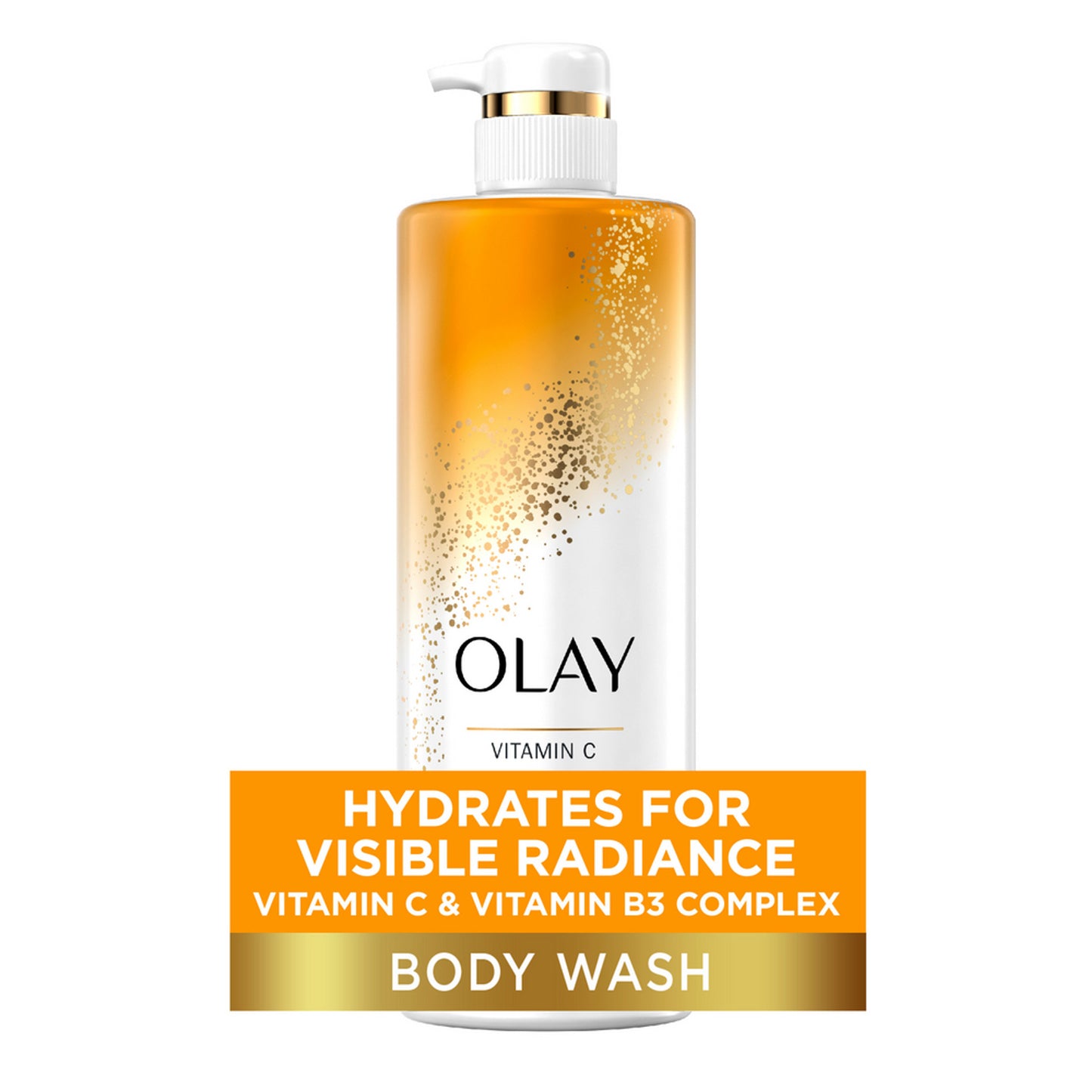 The OLAY Cleansing & Nourishing Body Wash with Vitamin B3 and Vitamin C showcases a gold and white design, labeled Hydrates for Visible Radiance, and is equipped with a convenient pump dispenser.