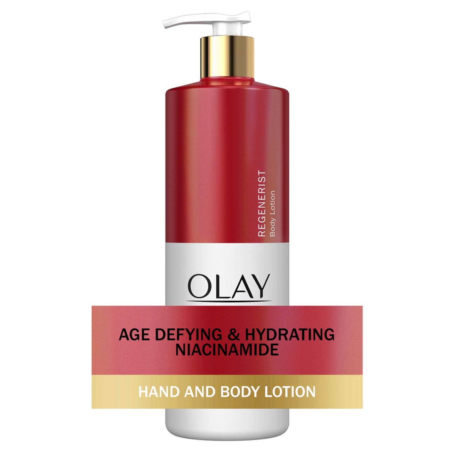 The OLAY Age Defying & Hydrating Niacinamide Hand and Body Lotion, 17 fl oz, comes in a red and white bottle with a pump. Infused with Vitamin B3 Complex, it enhances skin rejuvenation.