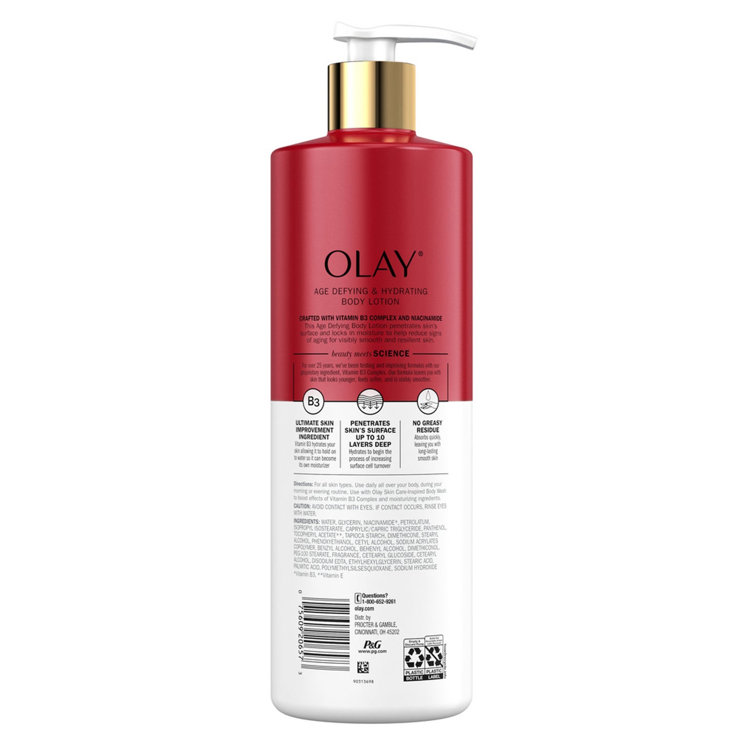 A 17 fl oz red and white bottle of OLAY Age Defying & Hydrating Niacinamide Hand and Body Lotion with a pump. The label emphasizes ingredients such as niacinamide, collagen, and hyaluronic acid for hydration and skin firmness.