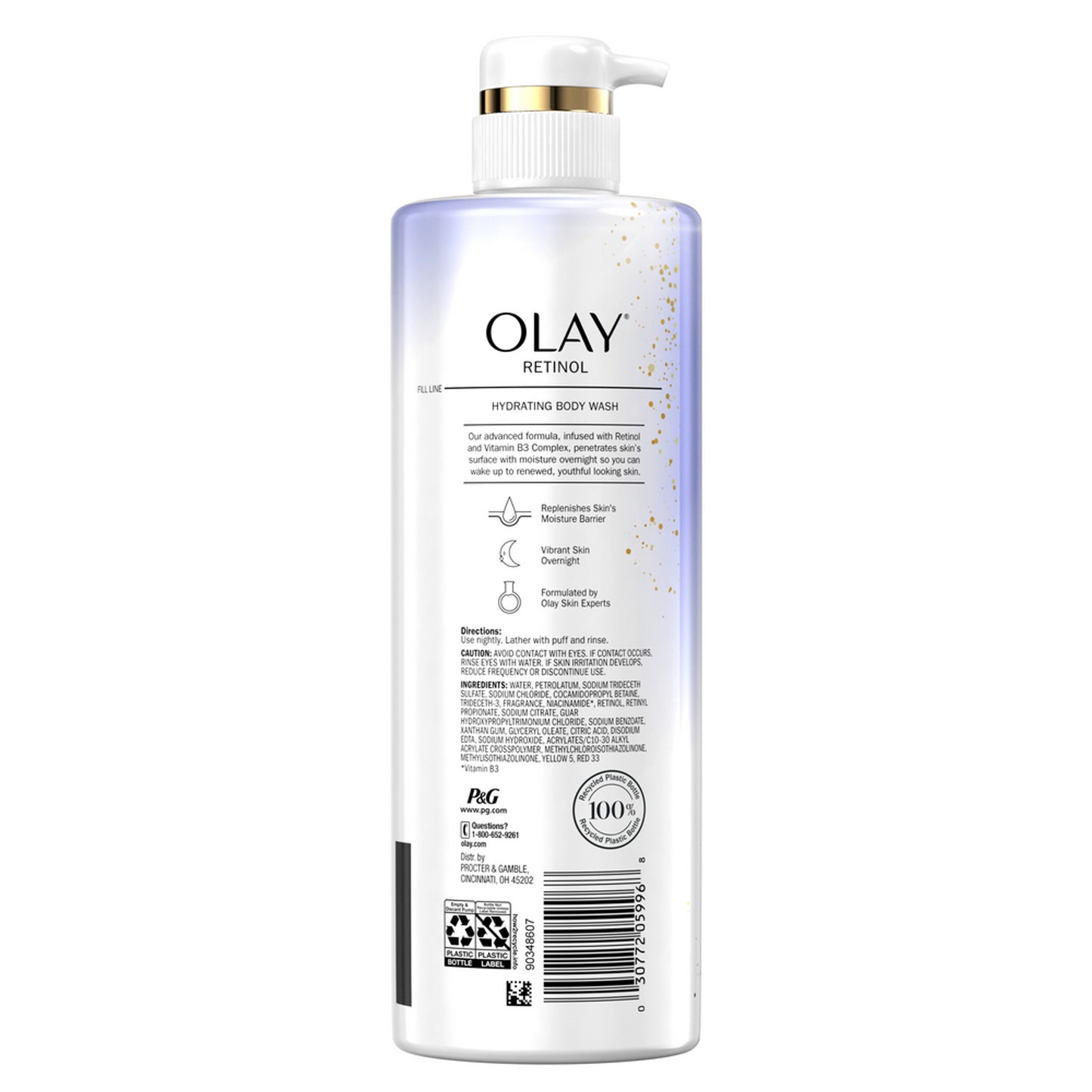 The OLAY Cleansing & Renewing Nighttime Body Wash features a gold pump on a predominantly white bottle with blue and gold accents. The label highlights Restores Skin, Vitamin B3 Complex, and Retinol, along with usage directions and recycling symbols.