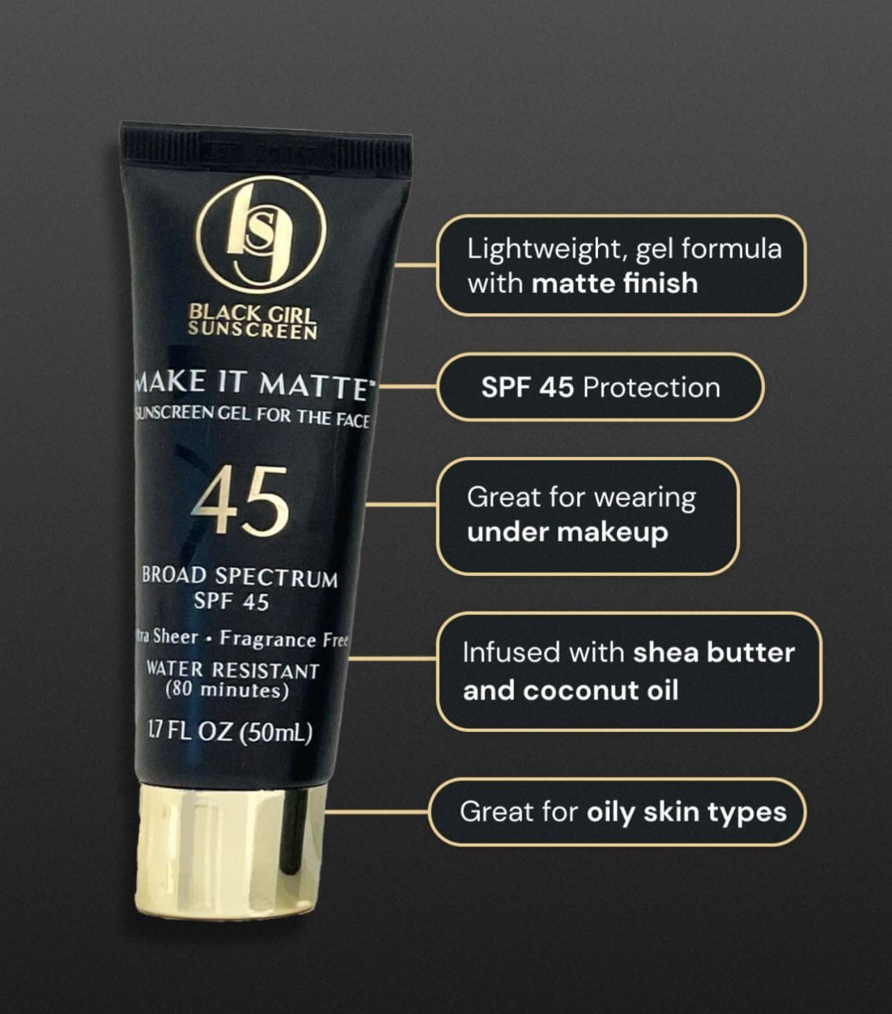 Image of Black Girl Sunscreen Make It Matte™ SPF45 - 50ml. This vegan sunscreen provides SPF 45 protection, a matte finish, and 80-minute water resistance. Infused with shea butter and coconut oil, its great under makeup and ideal for women of color with oily skin.