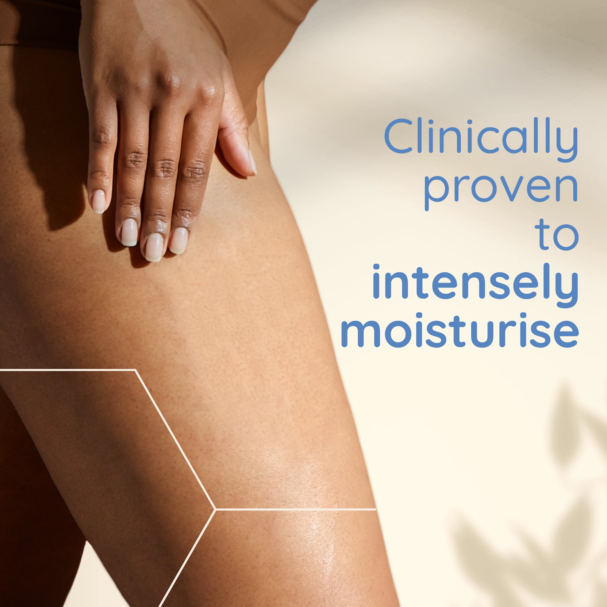 A close-up shows a hand resting on a thigh with smooth, moisturized skin and a light background. The text reads Clinically proven to intensely moisturize. Enriched with oat oil, Aveeno® Skin Relief Body Oil Spray 200ml works wonders. A geometric design overlays the image.