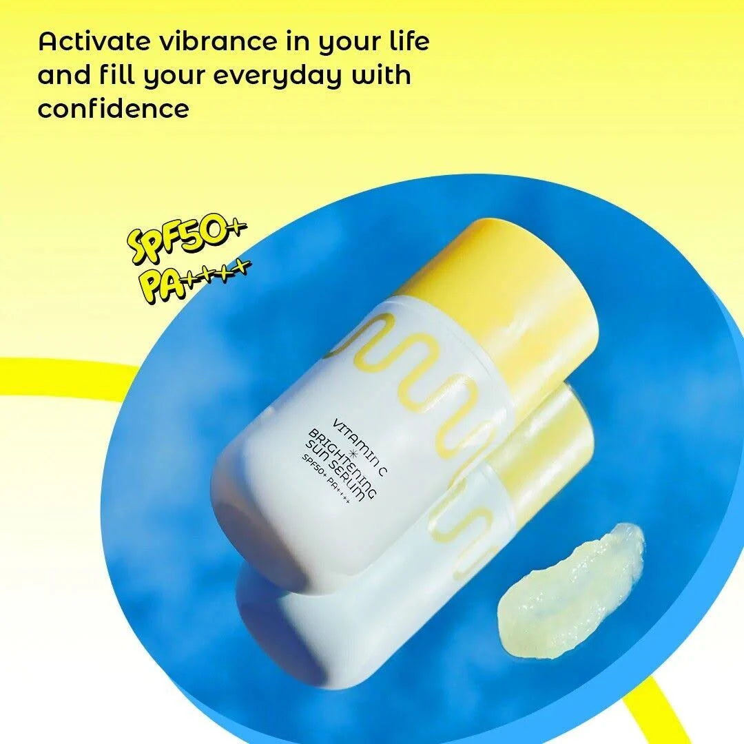COMMONLABS Vitamin C Brightening Sun Serum SPF50+ PA++++ in a white and yellow bottle. Lightweight sunscreen with vitamin C for UV protection and skin radiance.
