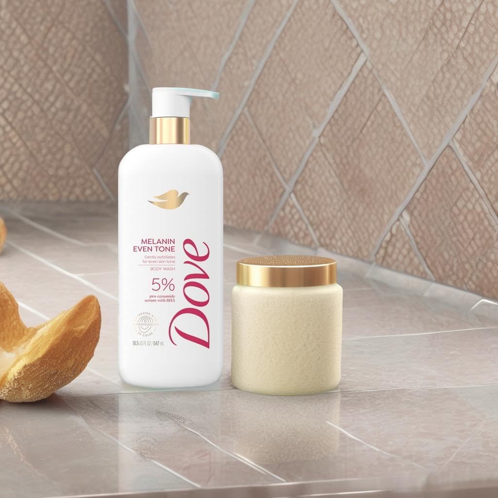 A bottle of Dove Melanin Even Skin Tone Body Wash 5% Pro-Ceramide Serum with BHA sits on a tiled bathroom counter alongside a jar of cream, perfect for melanated skin. A small loaf of bread is partially visible on the left, set against beige, textured tiles.