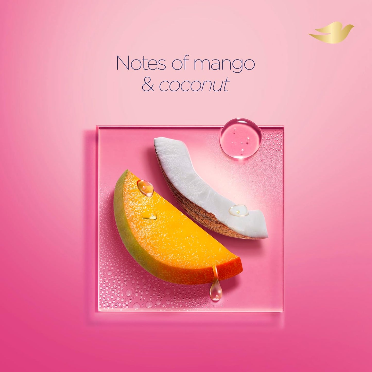 A mango slice and coconut piece with droplets lie on a transparent square. Notes of mango & coconut text appears above, with a gold bird symbol in the top right, on a pink backdrop. It reflects Dove Melanin Even Skin Tone Body Wash 5% Pro-Ceramide Serum with BHA for even skin tone.