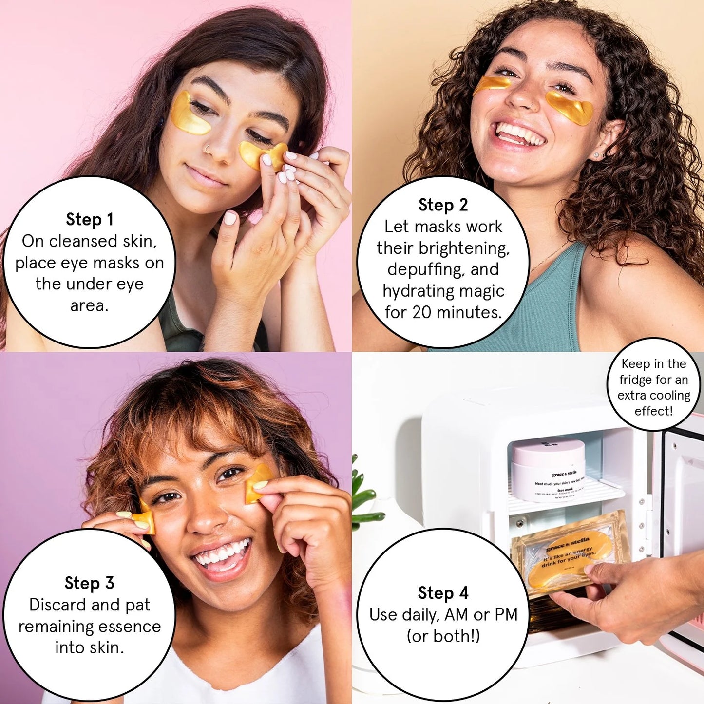 Step-by-step guide to using Grace & Stella under-eye patches – cooling, depuffing eye masks for dark circles, puffiness, and fine lines.