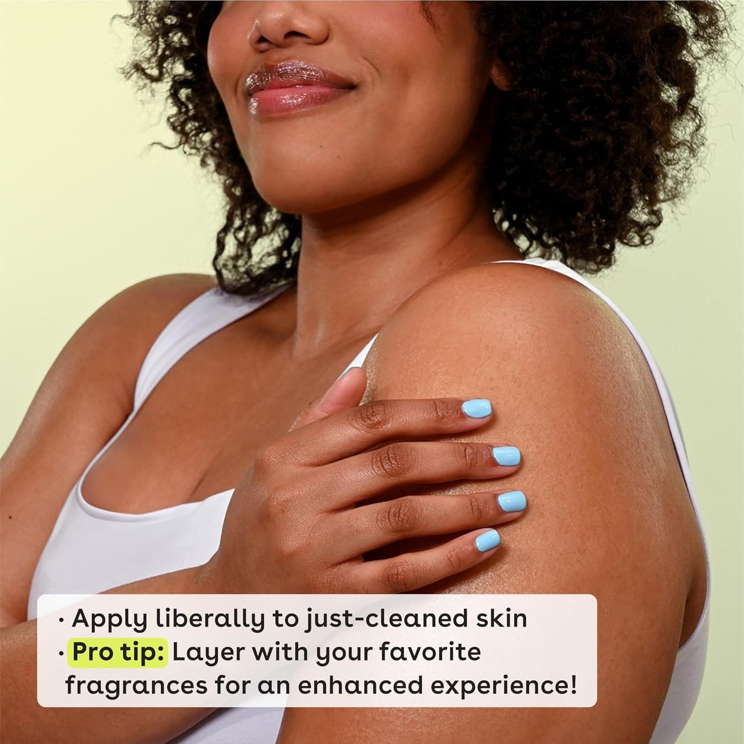 Woman applying a product to her shoulder with text on a light green background