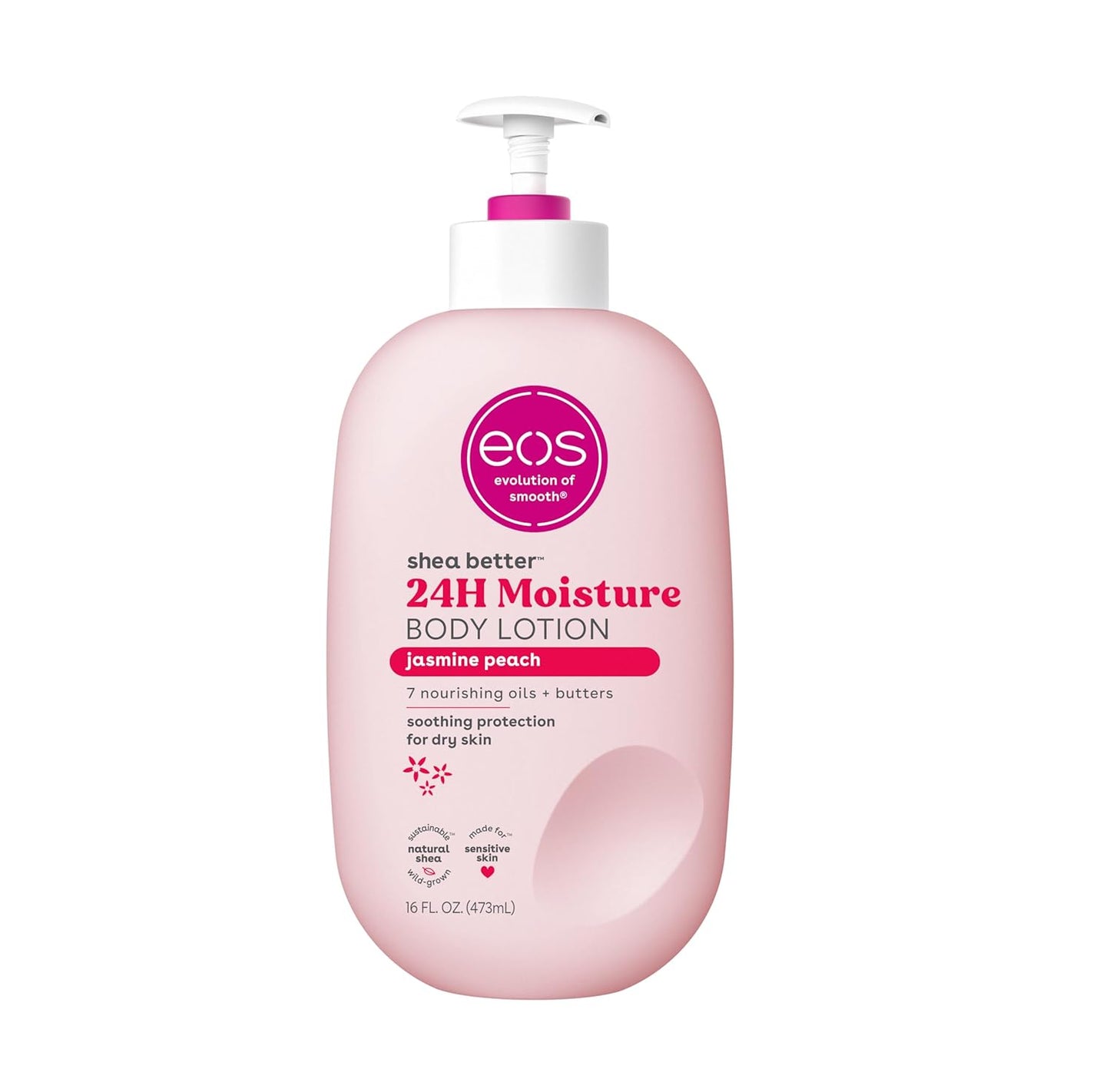 The eos Shea Better 24H Moisture Body Lotion - Jasmine Peach (473ml) features a white pump top and is enriched with shea butter and 7 oils and butters, providing soothing hydration for sensitive skin.