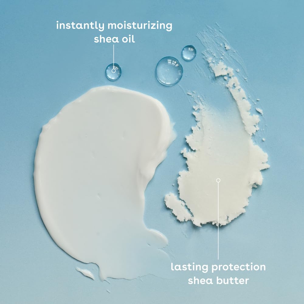 The EOS Shea Better 24H Moisture Body Lotion - Jasmine Peach features deeply hydrating shea oil and firm shea butter on a light blue background, ideal for sensitive skin. Instantly moisturizing is highlighted on the left and lasting protection on the right, perfect for your lotion needs.