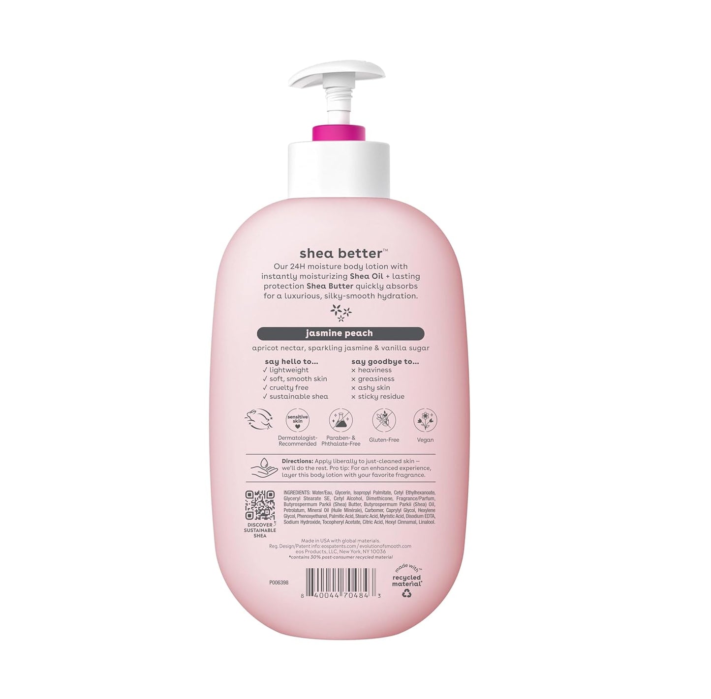 The eos Shea Better 24H Moisture Body Lotion in Jasmine Peach scent (473ml) provides hydration for sensitive skin with shea butter, jasmine, and peach nectar. This vegan, cruelty-free lotion offers gentle care and comes in a pink bottle with a white pump.