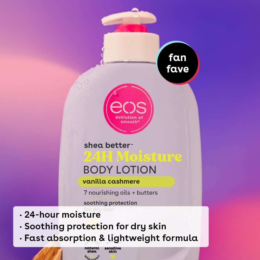 A 473ml bottle of EOS Shea Better 24H Moisture Body Lotion in Vanilla Cashmere is set against pink and purple. Known for soothing dry skin, fast absorption, and lasting 24-hour moisture, its a fan fave that champions sustainable skincare.
