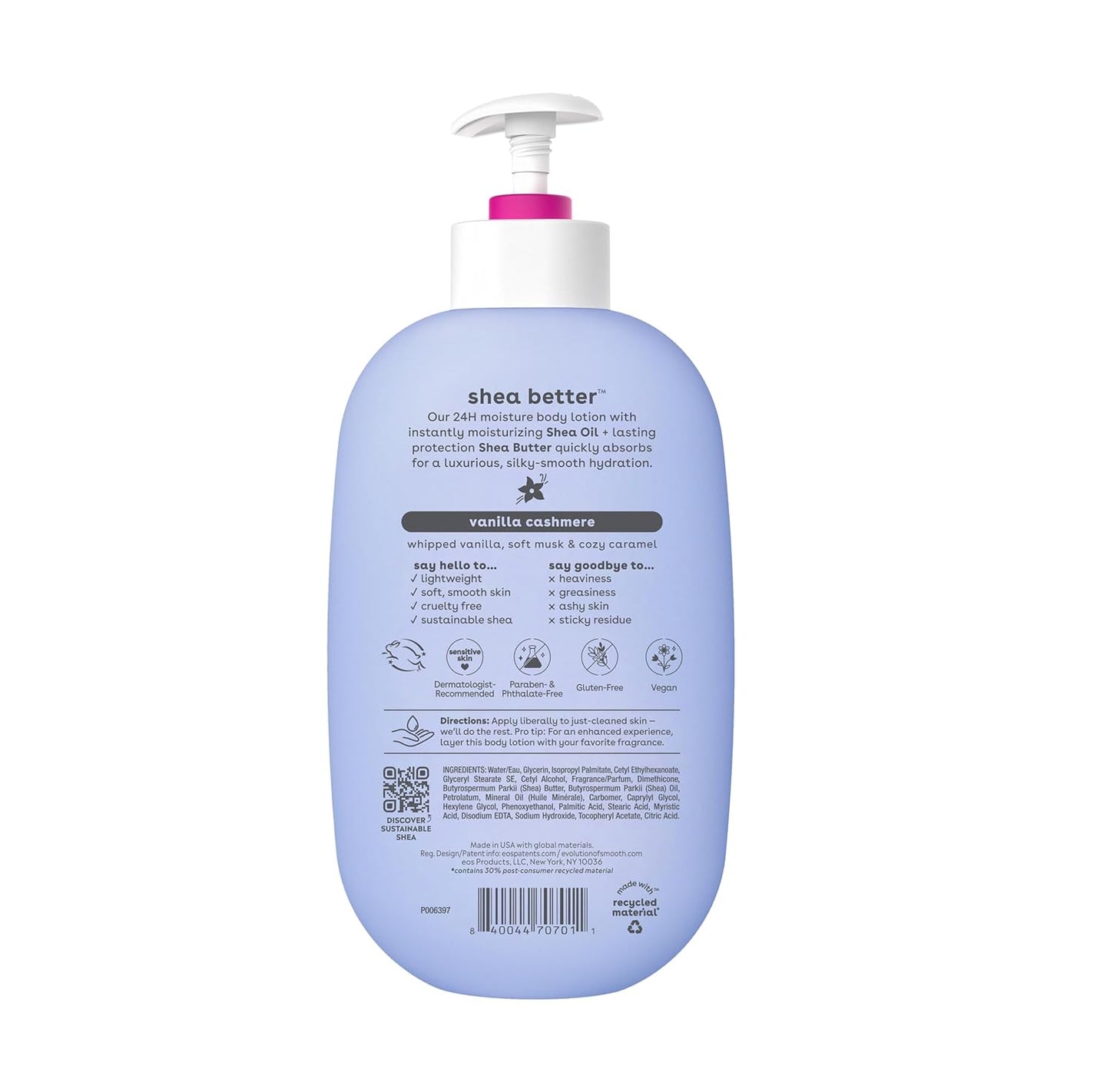 The EOS Shea Better 24H Moisture Body Lotion in Vanilla Cashmere features a blue bottle with a pump dispenser. The back displays product details, ingredients, and a QR code. It offers 24-hour moisture; the cap is white with a pink accent, embodying sustainable skincare in every drop.