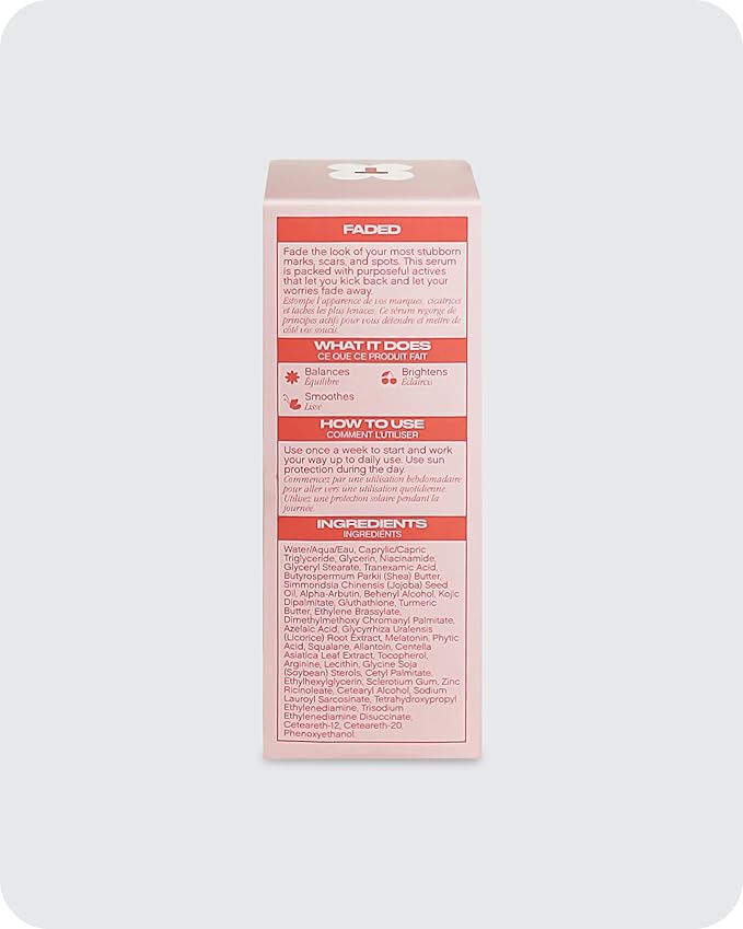 The image depicts an upright, pink rectangular box featuring the TOPICALS logo with headings FADED, WHAT IT DOES, HOW TO USE, and INGREDIENTS. The Topicals Faded Brightening and Clearing Serum 50ml is ideal for sensitive skin, marked by a white cross symbol atop the packaging.