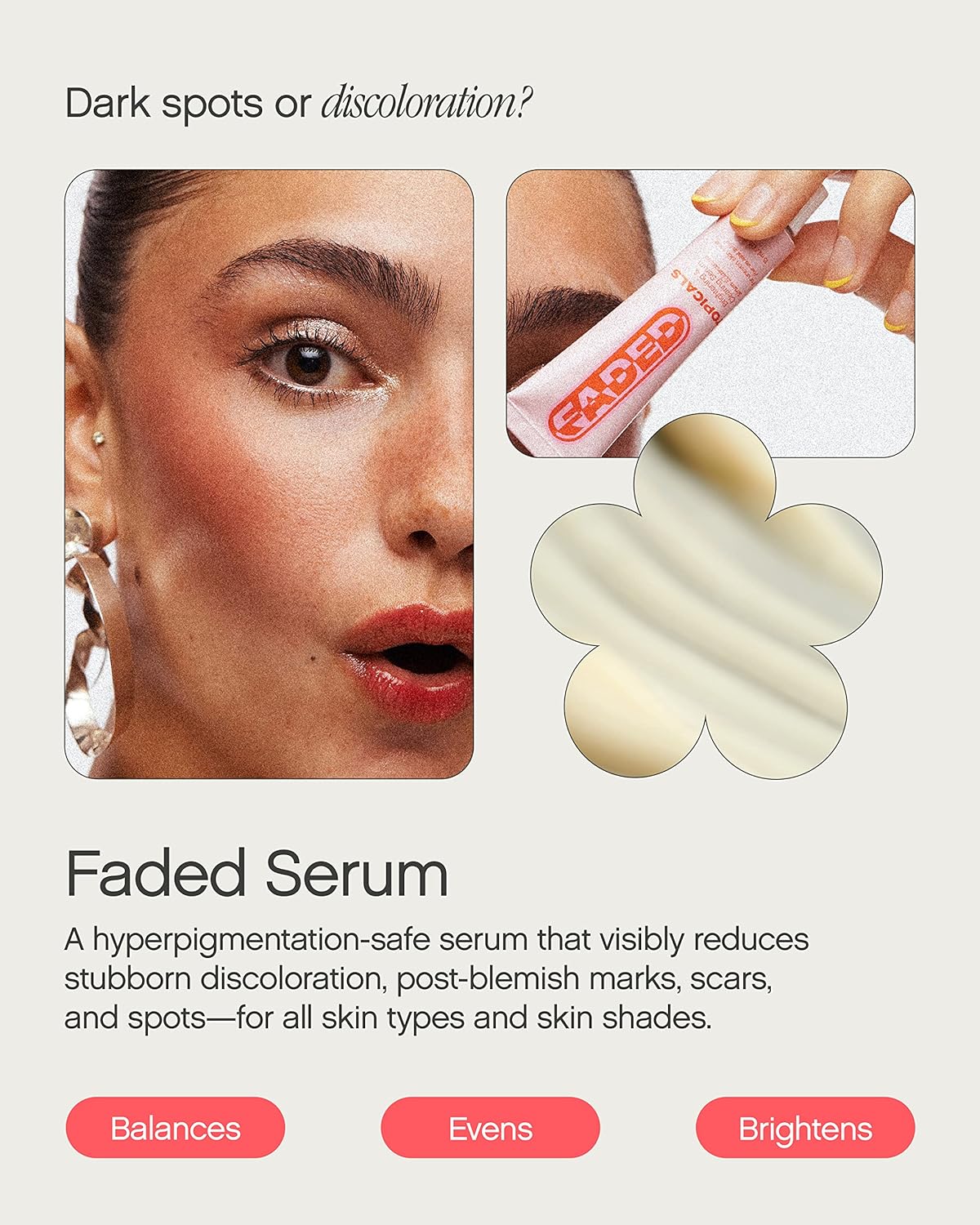 A skincare ad features a womans radiant face, emphasizing her flawless skin next to a Topicals Faded Brightening and Clearing Serum 50ml bottle by TOPICALS. This brightening serum is perfect for sensitive skin, promising to address dark spots and discoloration for all skin types and shades.