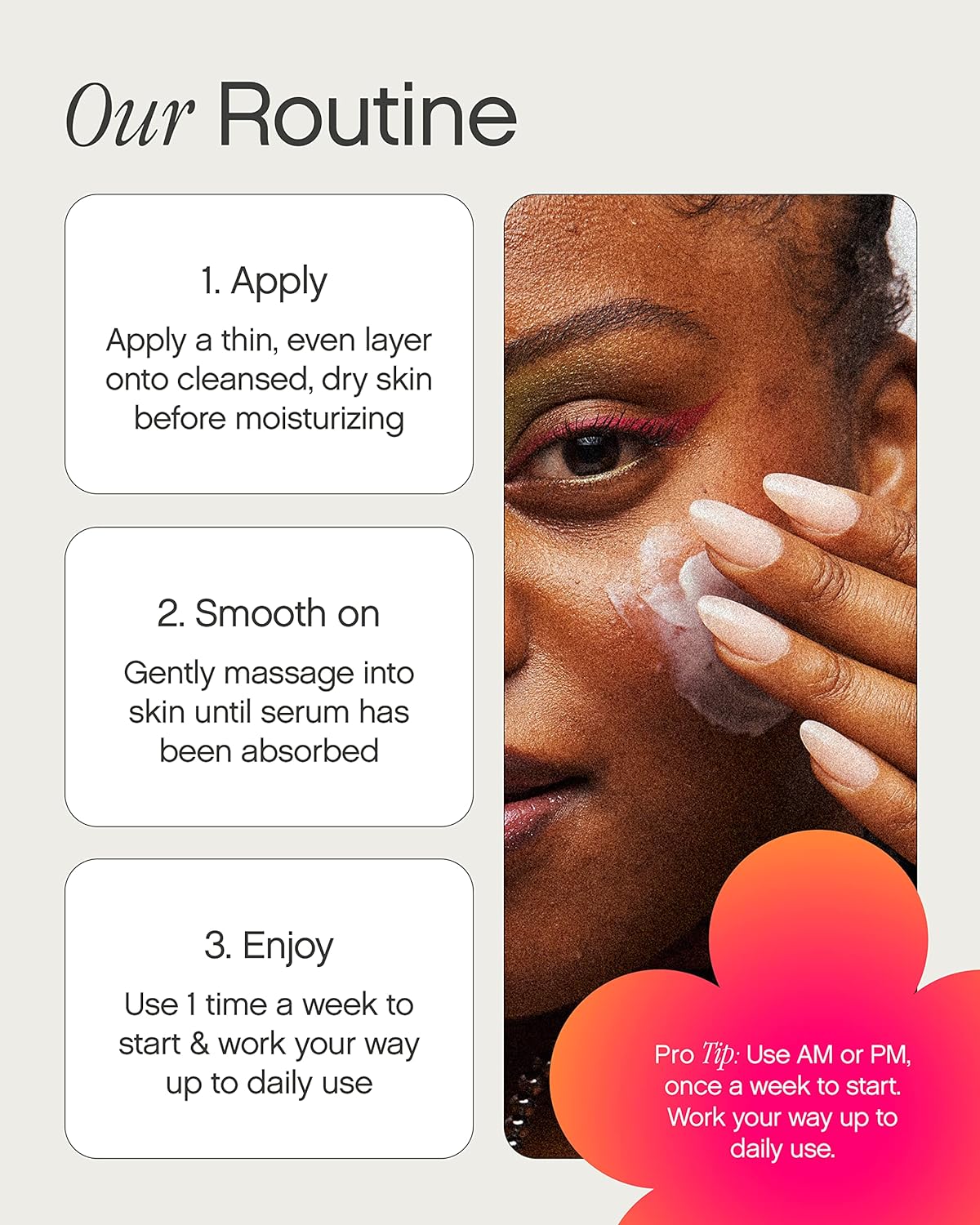 Start your skincare routine by applying TOPICALS Faded Brightening and Clearing Serum 50ml to clean, dry skin. Massage it in until absorbed, focusing on dark spots. Use weekly and gradually increase to daily for sensitive skin. The background shows a person applying serum to their cheek.