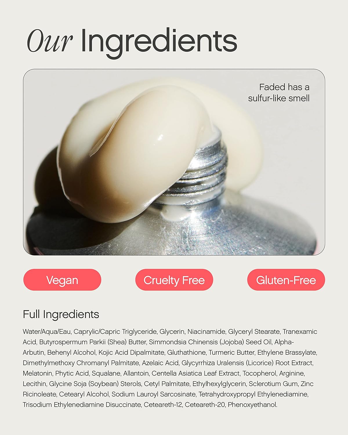 A close-up shows Topicals Faded Brightening and Clearing Serum being squeezed out of a tube. Text reads Our Ingredients, highlighting its suitability for sensitive skin, with labels Vegan, Cruelty Free, and Gluten-Free. It notes the serum has a sulfur-like smell. Full ingredients list is displayed.