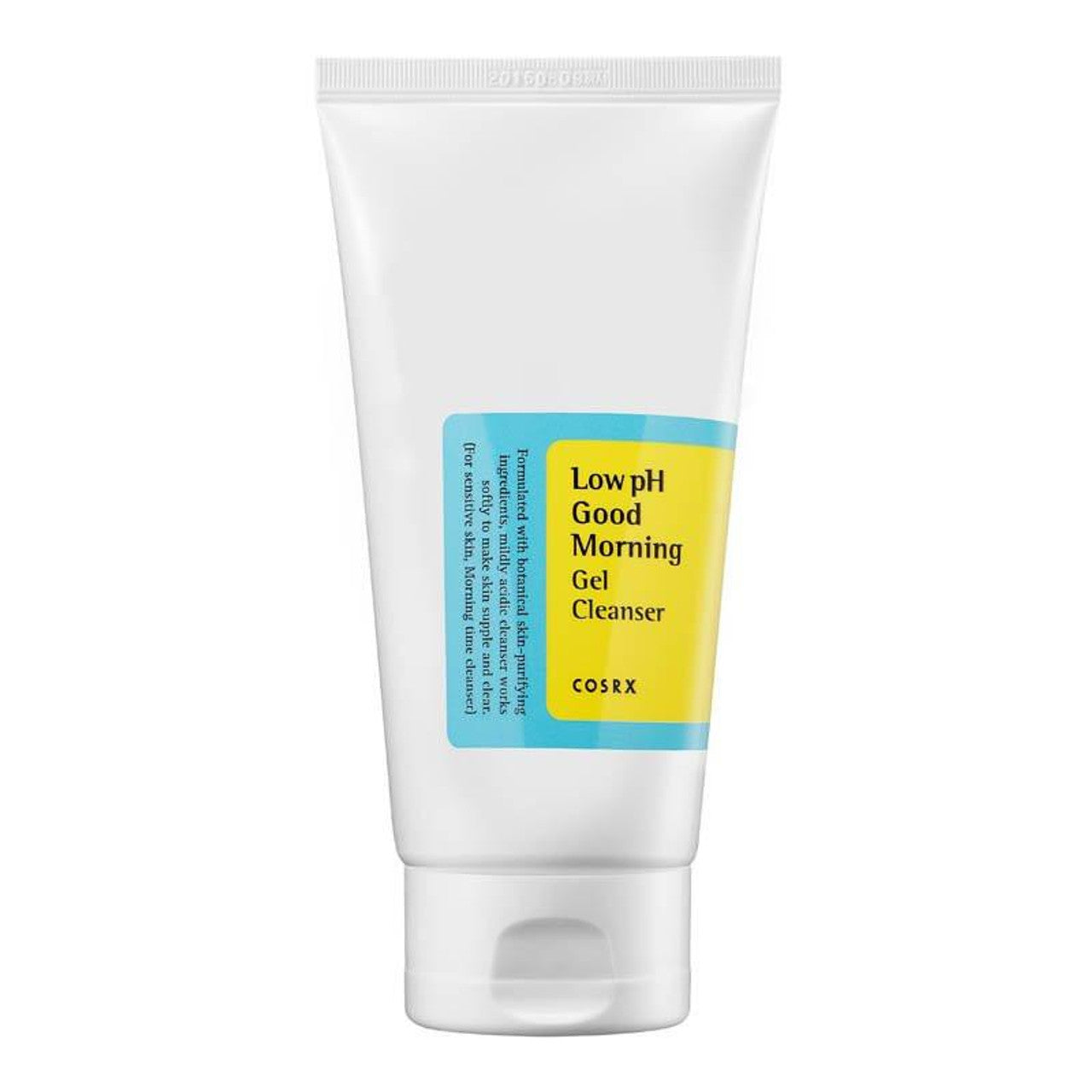 A white tube of COSRX Low PH Good Morning Gel Cleanser 150ml features a yellow and blue label highlighting its Vegan Cruelty Free formula. The closed cap sits against a plain white background.