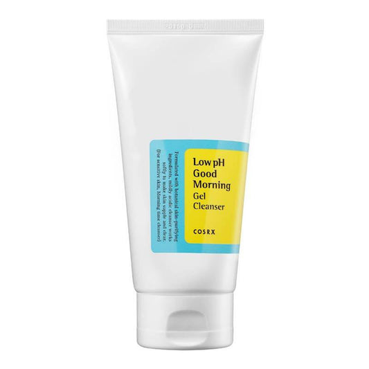 A white tube of COSRX Low PH Good Morning Gel Cleanser 150ml features a yellow and blue label highlighting its Vegan Cruelty Free formula. The closed cap sits against a plain white background.