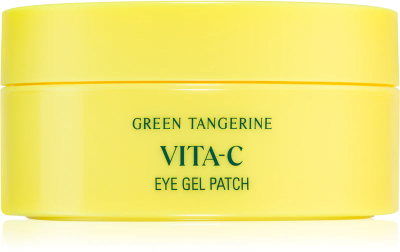 The Goodal Green Tangerine Vita-C Eye Gel Patch, in a yellow container with green branding, is crafted to diminish dark circles and revitalize eyes with vitamin C. Designed for effective skincare use, it weighs 72g.